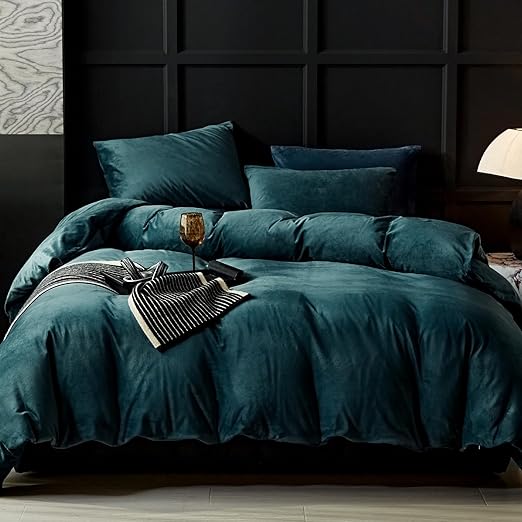 Amazon.com: WARMDERN Peacock Blue Flannel Velvet Duvet Cover King Size ...