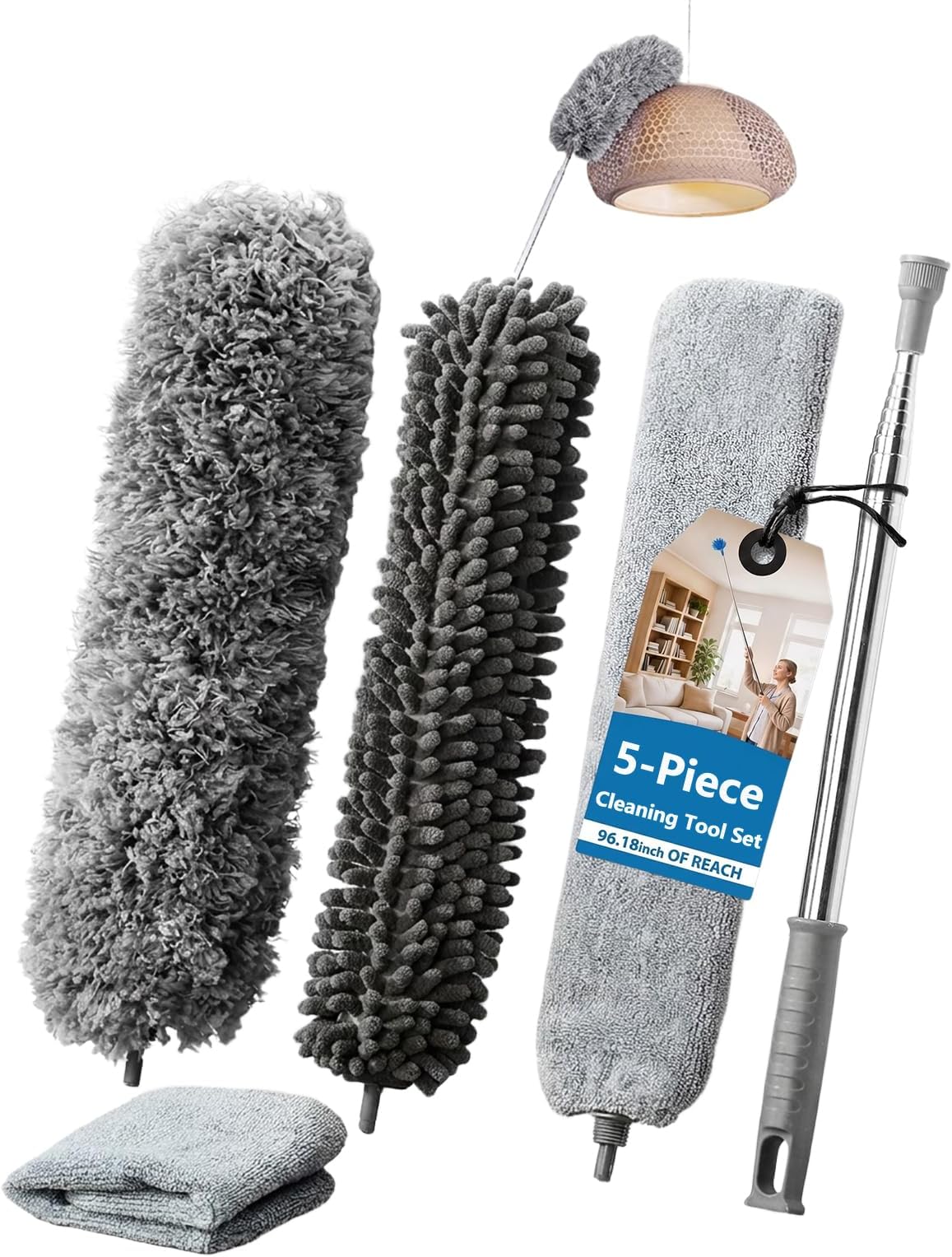 Feather duster 5PCS kit with 30-100 inch telescopic extension pole, detachable bendable and reusable gap hand crevice brush for cleaning dust cobwebs on high ceiling fans lights blinds cars furniture