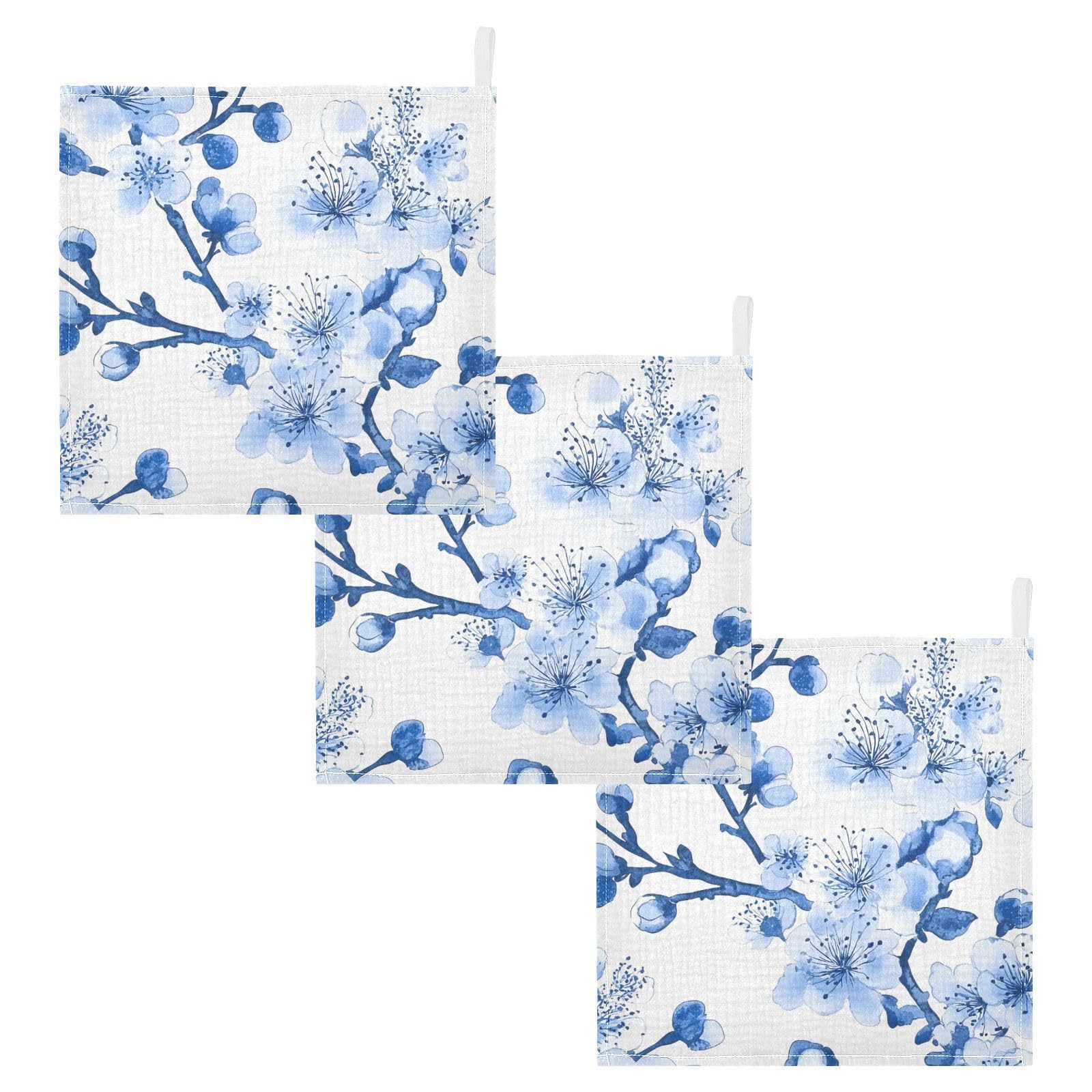 Nander Blue Cherry Blossoms Baby Muslin Washcloths 3PCS- Soft Face Cloths for Newborn Absorbent Bath Wash Cloths Wipes