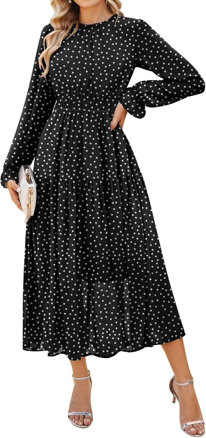 GRACE KARIN Women's Long Sleeve Maxi Dress 2026 Chiffon Flowy Wedding Guest Dresses Floral Dress with Pockets