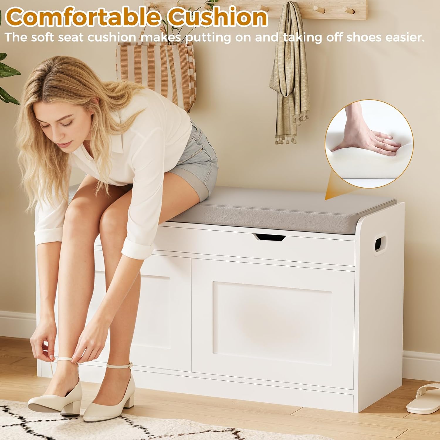 2-Tier Storage Bench, 39.4" Wide Shoe Bench with Lift-Up Top, Shoe Storage Bench with Cushion, Shoe Cabinet with Handleless Doors and Adjustable Shelf for Entryway, Bedroom, White KHD02W