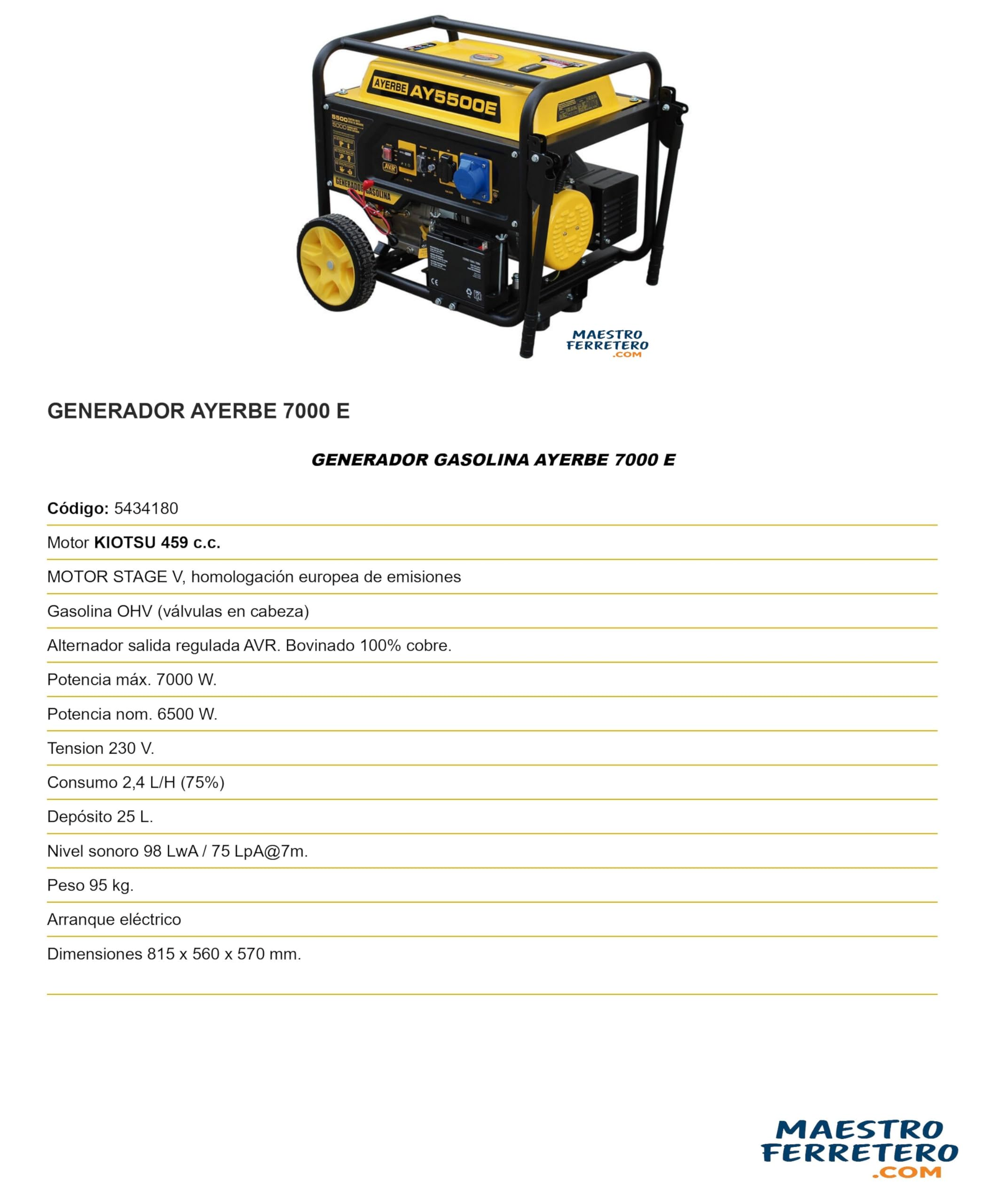 Generador gasolina 7000 W con motor Kiotsu OHV Stage V arranque eléctrico y AVR cobre