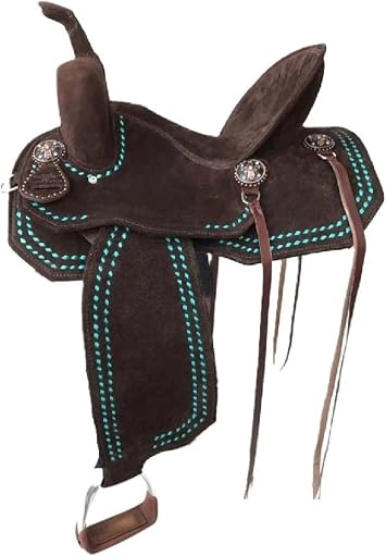 Handcrafted Western Horse Leather Saddle Dark Brown Suede with Turquoise Stitching & Silver Conchos and Colors Available