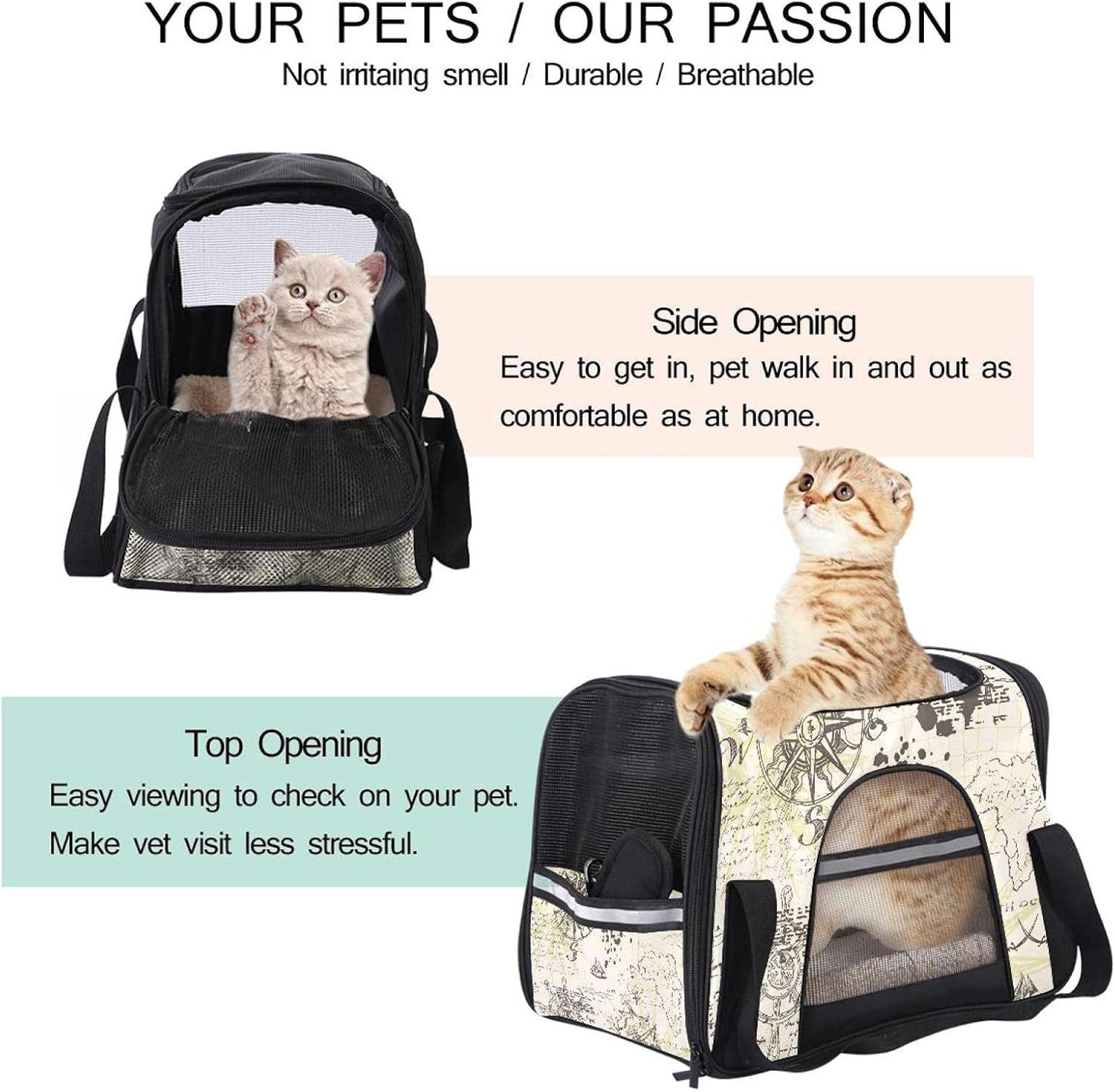 ペットカート クッション 取り外し可能 キャリーバック ドライブバッグ 分離式 折りたたみ式 犬猫兼用 コンパクト 自立式 収納 ペットバギ –  Branchée Beauté ペットパック 航海 冒険 地図 ペットキャリーバッグ 猫・小型犬用 マット付き 通気性 軽量 携帯しやすい 車載/旅行/通院/アウト