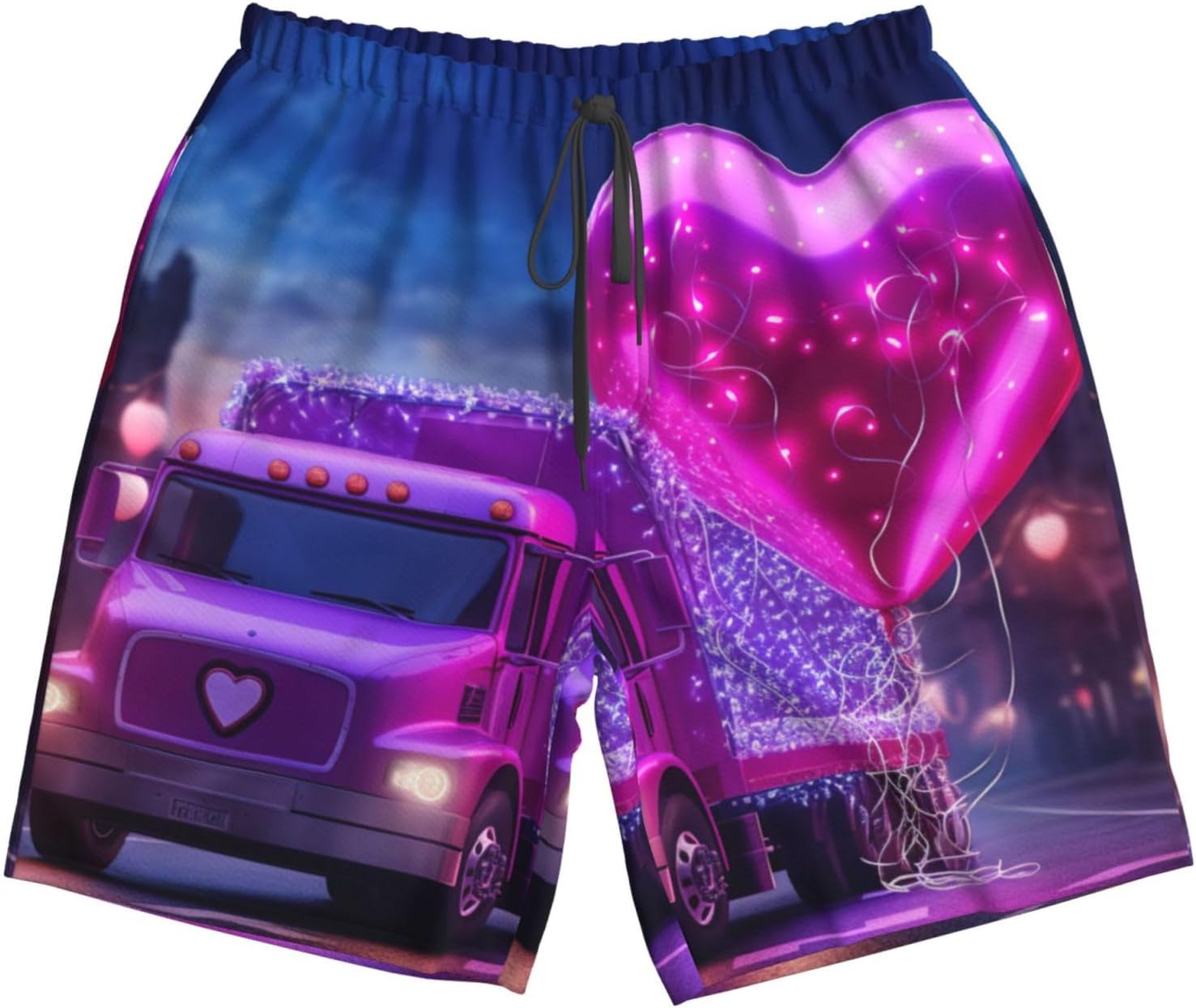 Mens Romantic Truck Heart Balloon Print Beach Shorts,Casual Summer Shorts for Men,Quick Dry Polyester