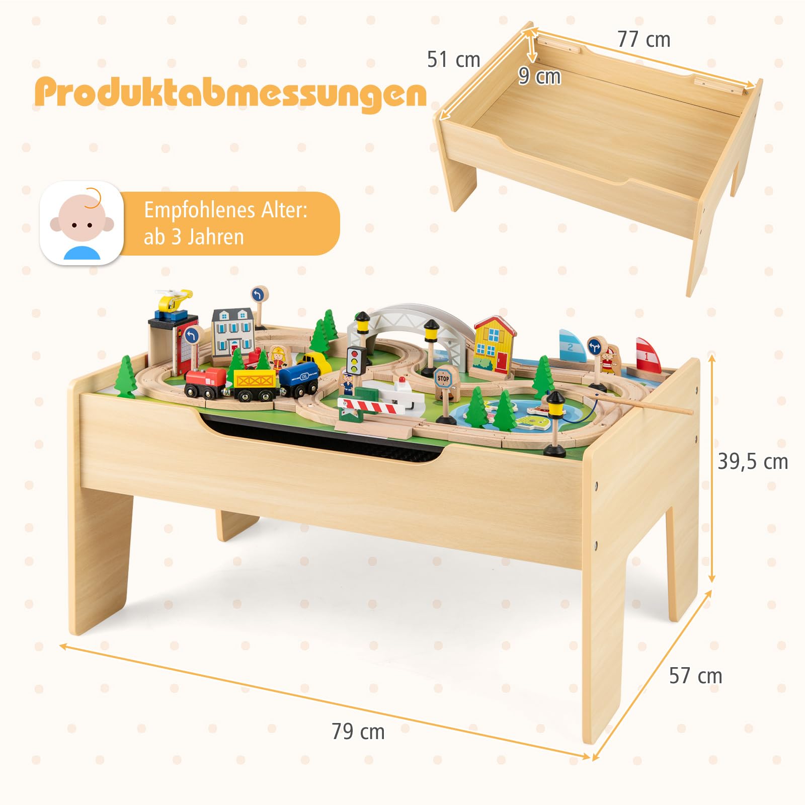 COSTWAY 78-teiliges Kinder Eisenbahn Set, 5-in-1 Holzeisenbahntisch mit umkehrbarer Tischplatte & Tafel, Spieltisch für Kinder ab 3 Jahre
