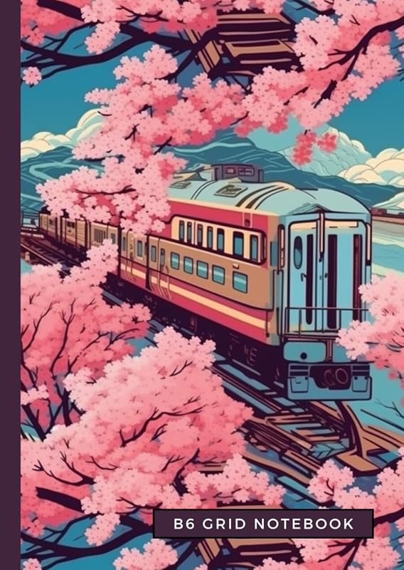 B6 Softcover Notebook Travel Journal Planner: Sakura Cherry Blossoms Trains Japanese Theme Pattern | Great for Home School Work Travel | 80 Pages Grid 4.9” x 6.9”