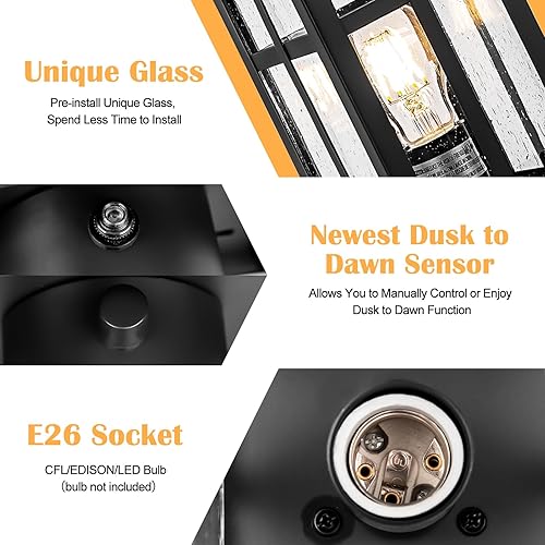 Miniatura 8 de Brilvibera Paquete de 2 luces de poste para exteriores, lámpara de poste negro con base de montaje en muelle con cable duro, luces de columna para