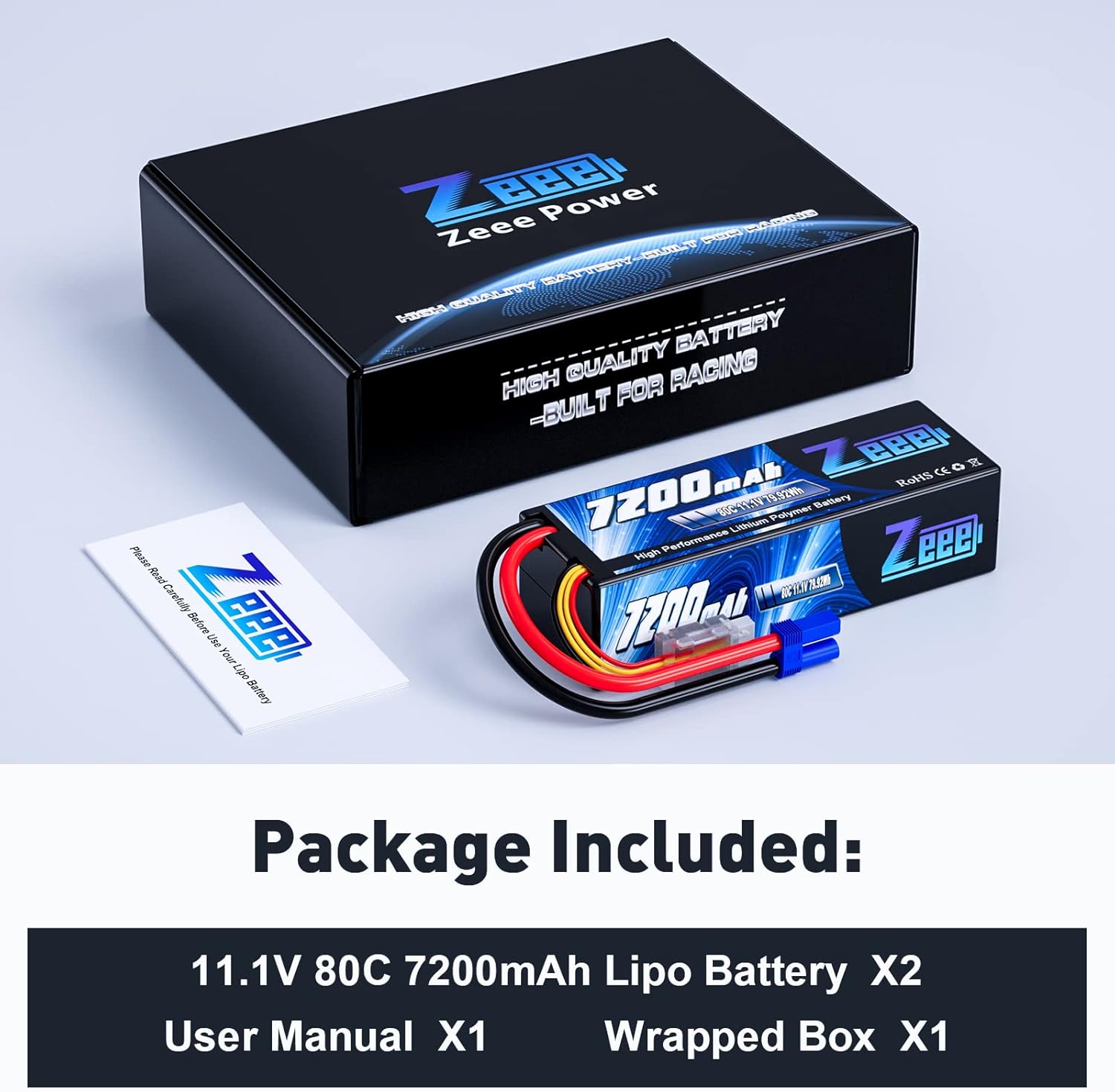 Zeee 3S Lipo Battery 7200mAh 11.1V 80C with EC5 Connector Hard Case Battery Compatible with RC Car RC Truck RC Boat LOSI Associated Racing Hobby (2 Packs)