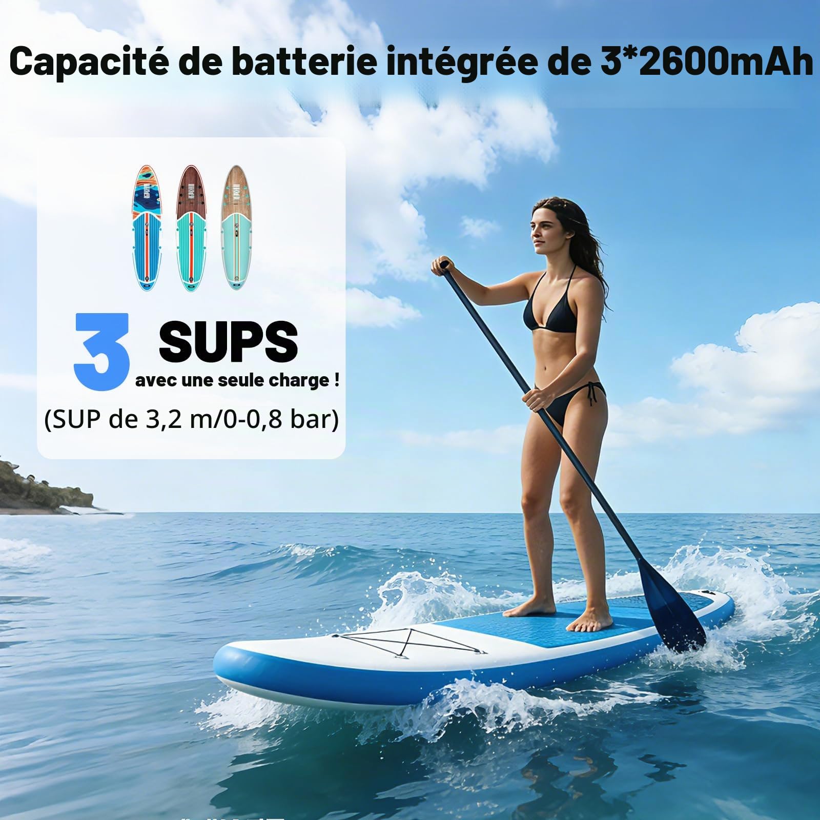 Pompe Sup Électrique avec Batterie, Pompe à Air Électrique Haute Pression 22 PSI, Rechargeable, Gonflage/Dégonflage Intelligent, Arrêt Automatique pour Paddle Gonflable, Kayaks, Kitesurf, Tentes