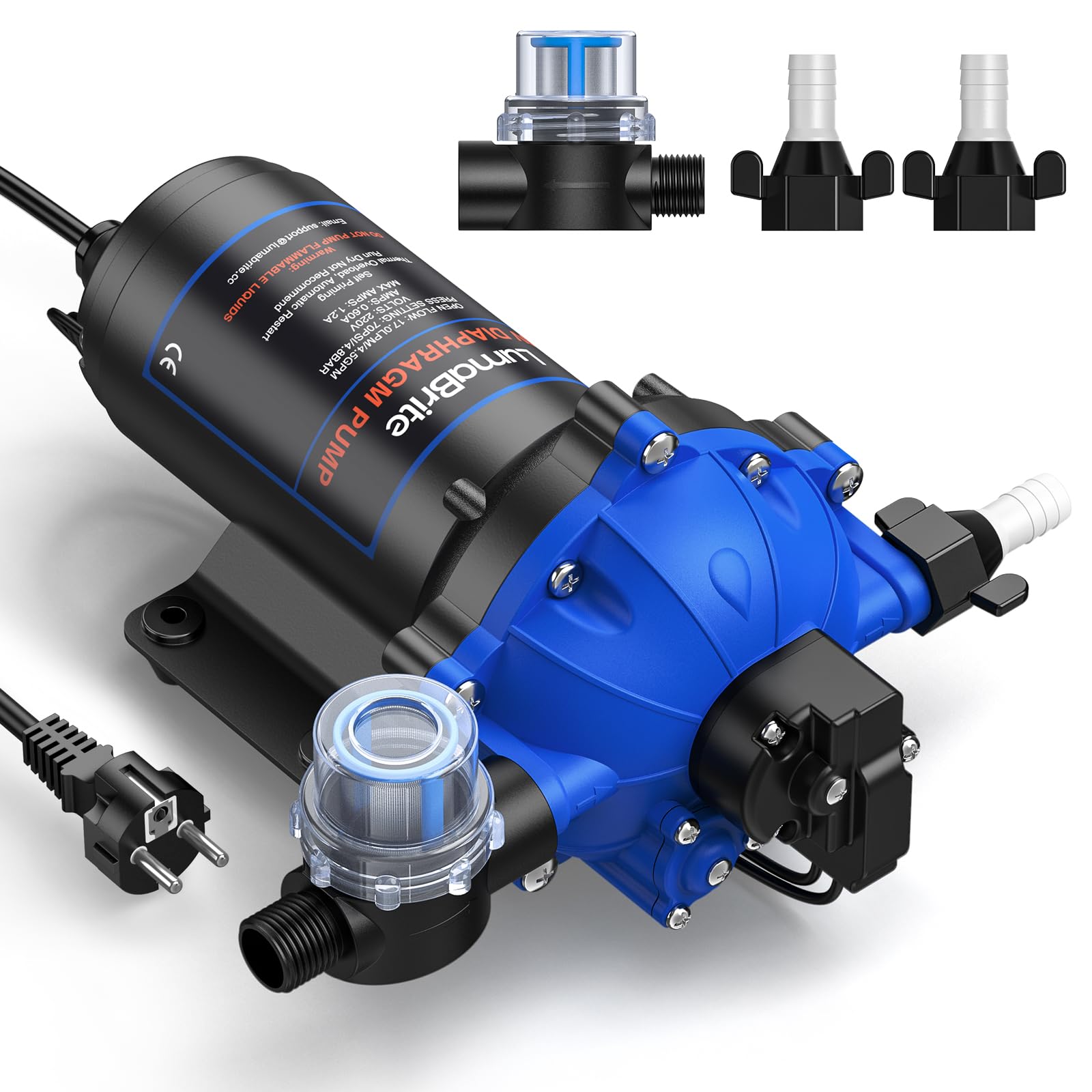 Pompa ad acqua compressa autoadescante AC 220 V, 4,5 GPM 70 PSI, pompa a membrana con pressostato per roulotte per il sistema idrico domestico, irrigazione