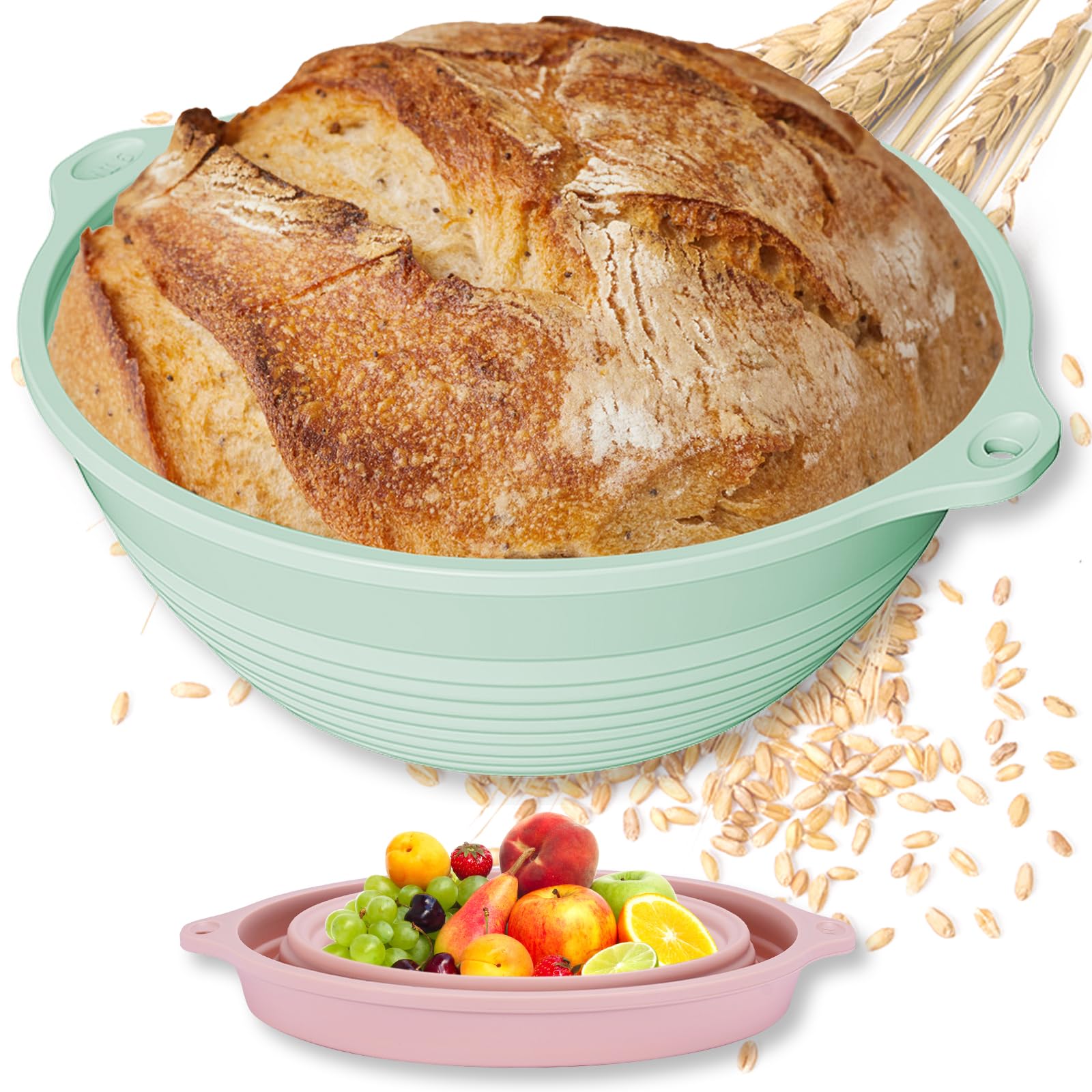 2-Pack All-in-One Silicone Bread Proofing Baskets for Sourdough, Foldable Proofing & Baking Bowls with Dual Handles & Built-In Reinforced Rim, Oven & Dishwasher Safe, BPA-Free (Green+Pink)