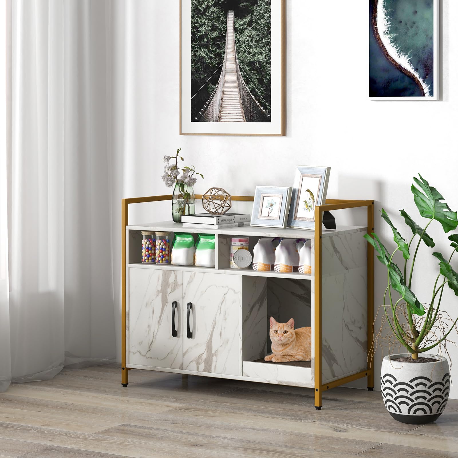 GOPLUS Mueble Arenero para Gatos, Caja de Arena para Gato con Estructura de Metal, Aseo Cerrado con Estantes, Casa de Mascotas Interior, Lavabo Oculto para Mascota, 89 x 45 x 74,5 cm (Mármol)