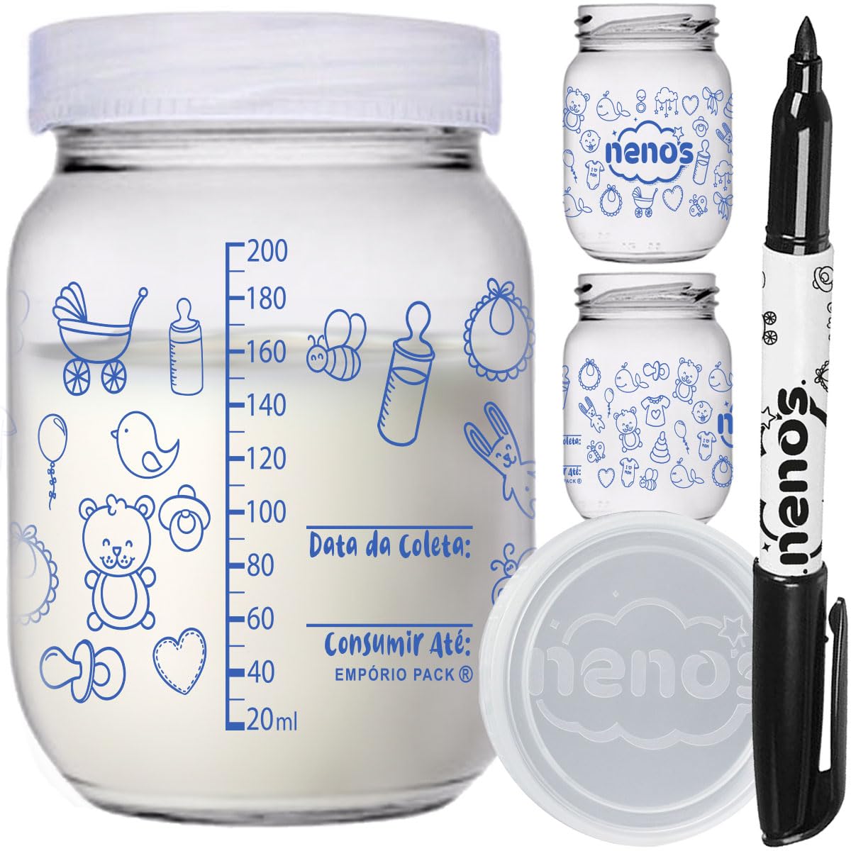 10 Potes Armazenar Leite Materno ou Papinha com Graduação e Caneta(267.BABY-AZUL)