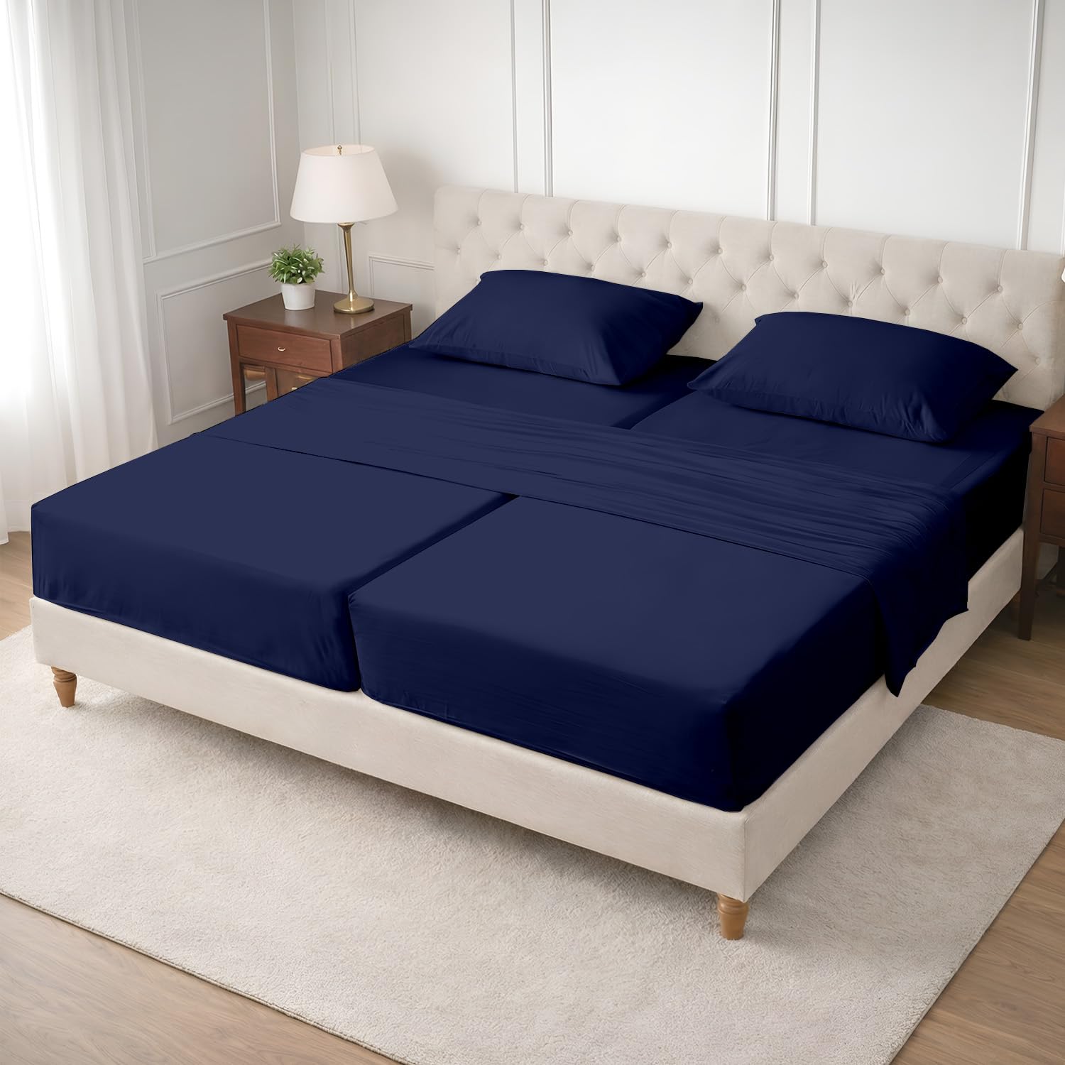 SGI Split King Sheet Set for Adjustable Bed Egyptian Premium Cotton 600 Thread Count Sheets for Sleep Number Bed 15" Deep Pocket 5 Pc Set with 2 Twin XL Fitted Sheets Soft Breathable -Navy Blue
