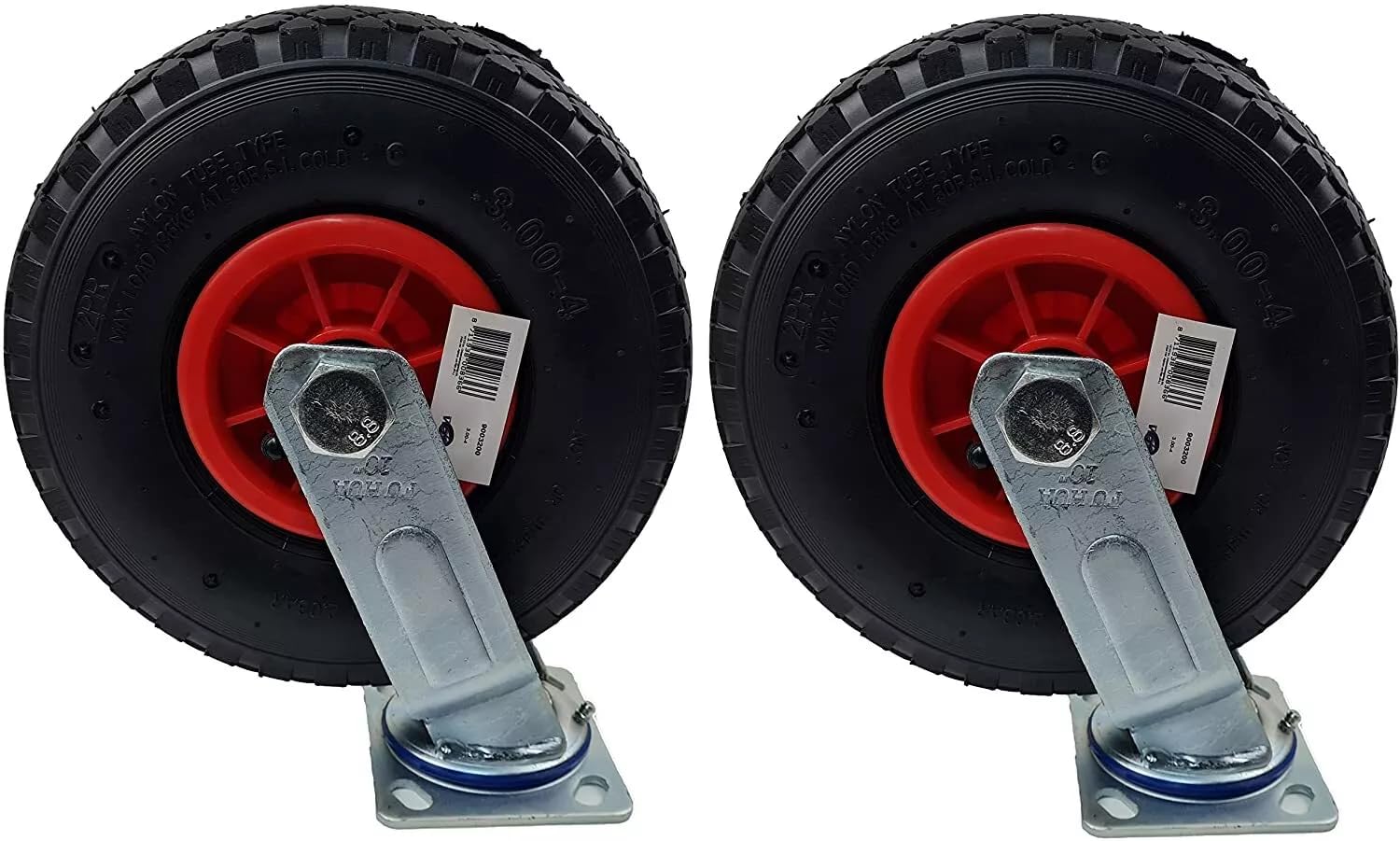 HKB 4 Sackkarrenräder Gummirad 3.00-4 ø=260mm Achsen-ø=20mm mit Halterungen | 2x kugelgelagerte Lenkrolle, 2x Bockrolle, Kunststofffelge mit Rollenlager, Tragkraft 136kg, Artikel-Nr. 20195