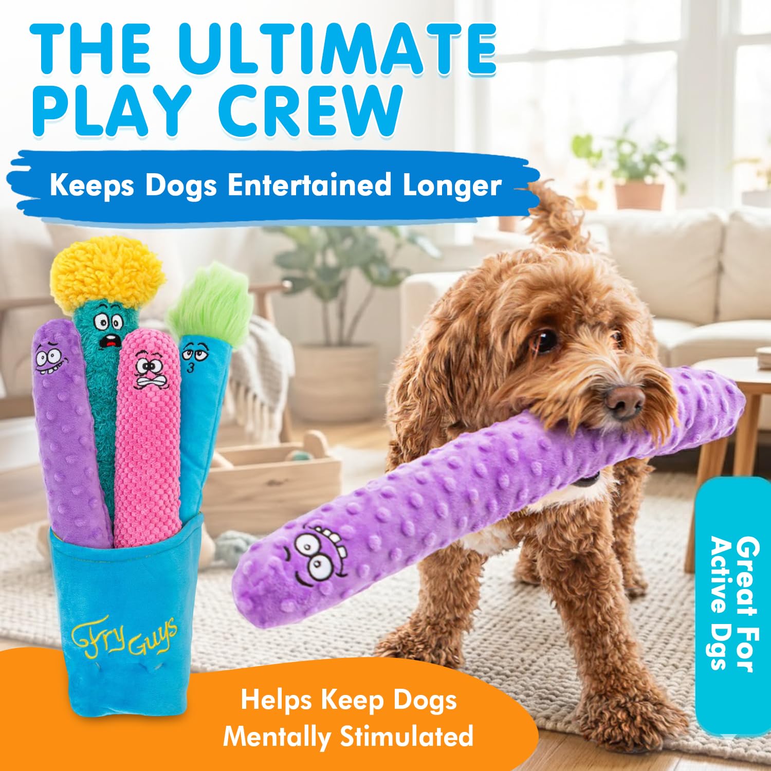GURU Pet: Fry Guy: 5-teiliges Set – Medium – 4 Plüsch-Hundespielzeuge mit Halter, quietscht und knistert, Fry Shape Charaktere, strapazierfähiger Stoff, Kau-Apportier-Thrash-Play