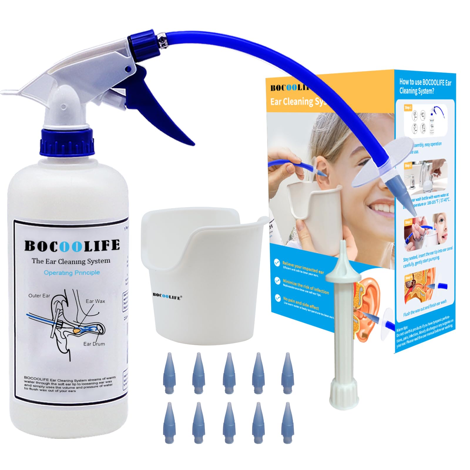 BOCOOLIFE Ear Wax Removal Kit - Safe & Effective Ear Cleaning System Cleaner with 10 Replacement Tips, Manual Flush Washer for Gentle Wax Remover, Includes Ear Basin for Easy Irrigation and Flushing