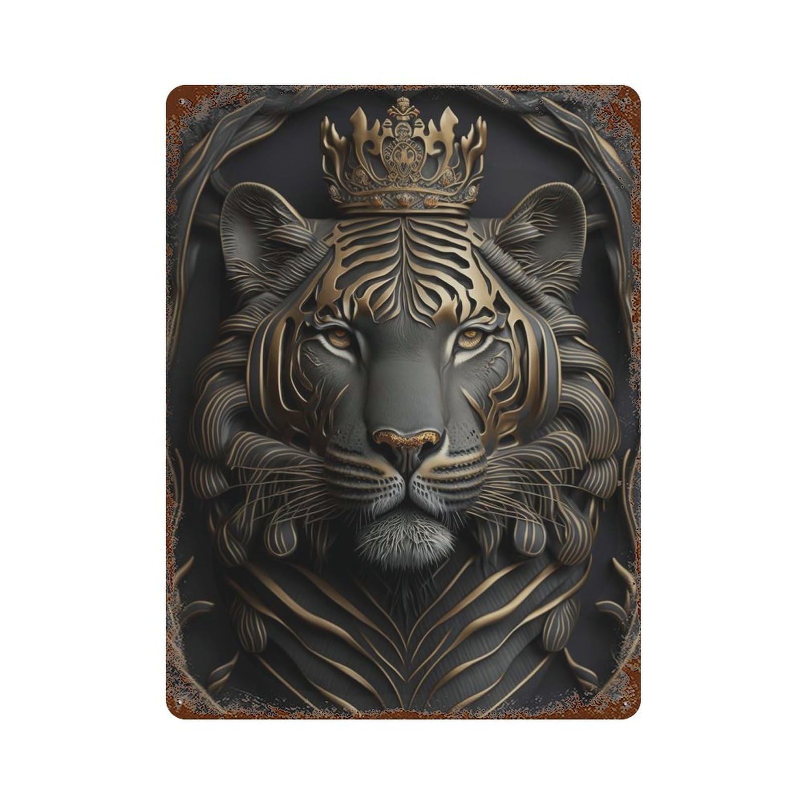 Weathered Tin Sign Tiger King Gold Decor 15.7"x11.8", Rustic Home Decor for Bistro, Counter And Cafe Decor