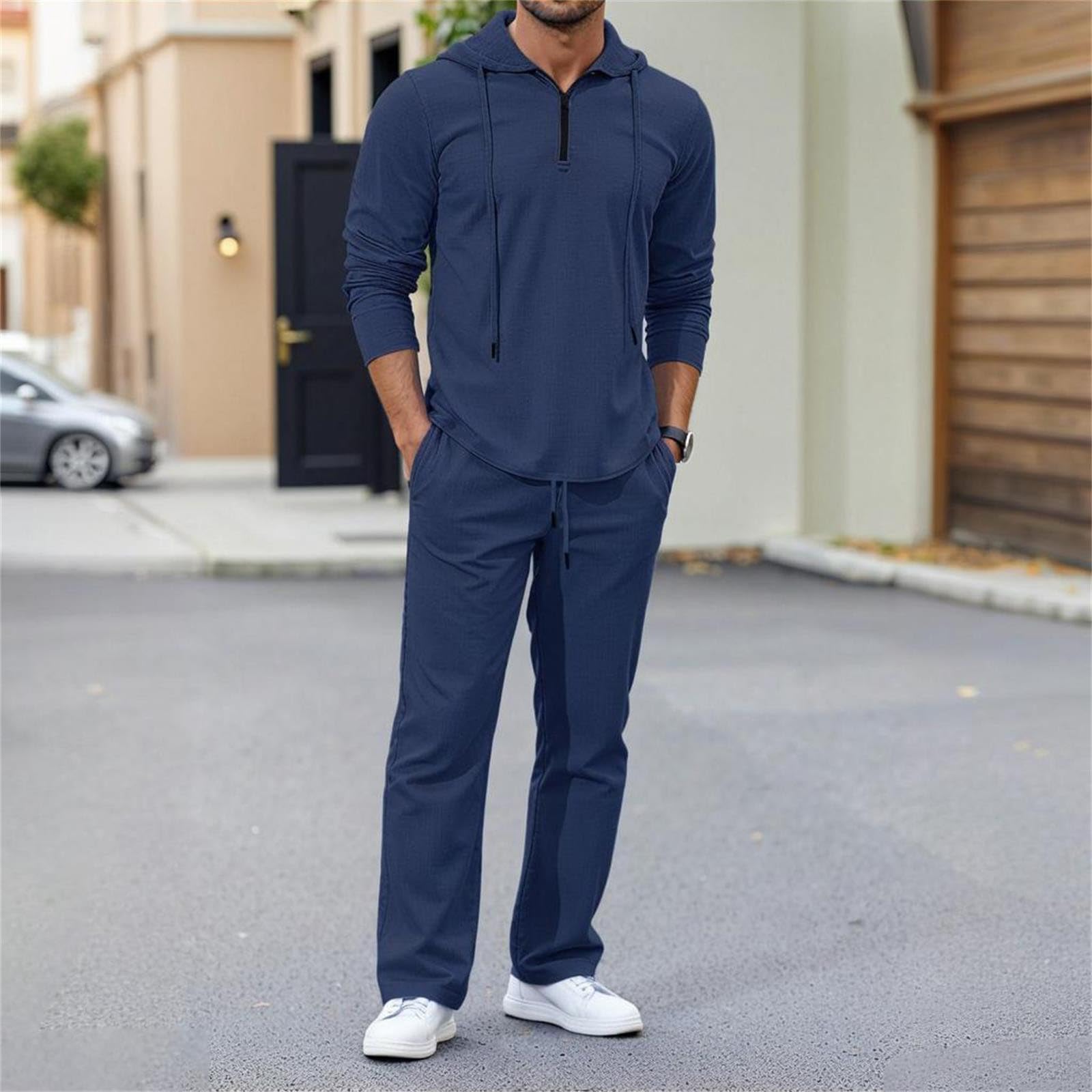 Generisch 2026 - Tuta da uomo casual in lino con chiusura lampo, pantaloni in tinta unita, larghi, taglia grande, set da 2 pezzi