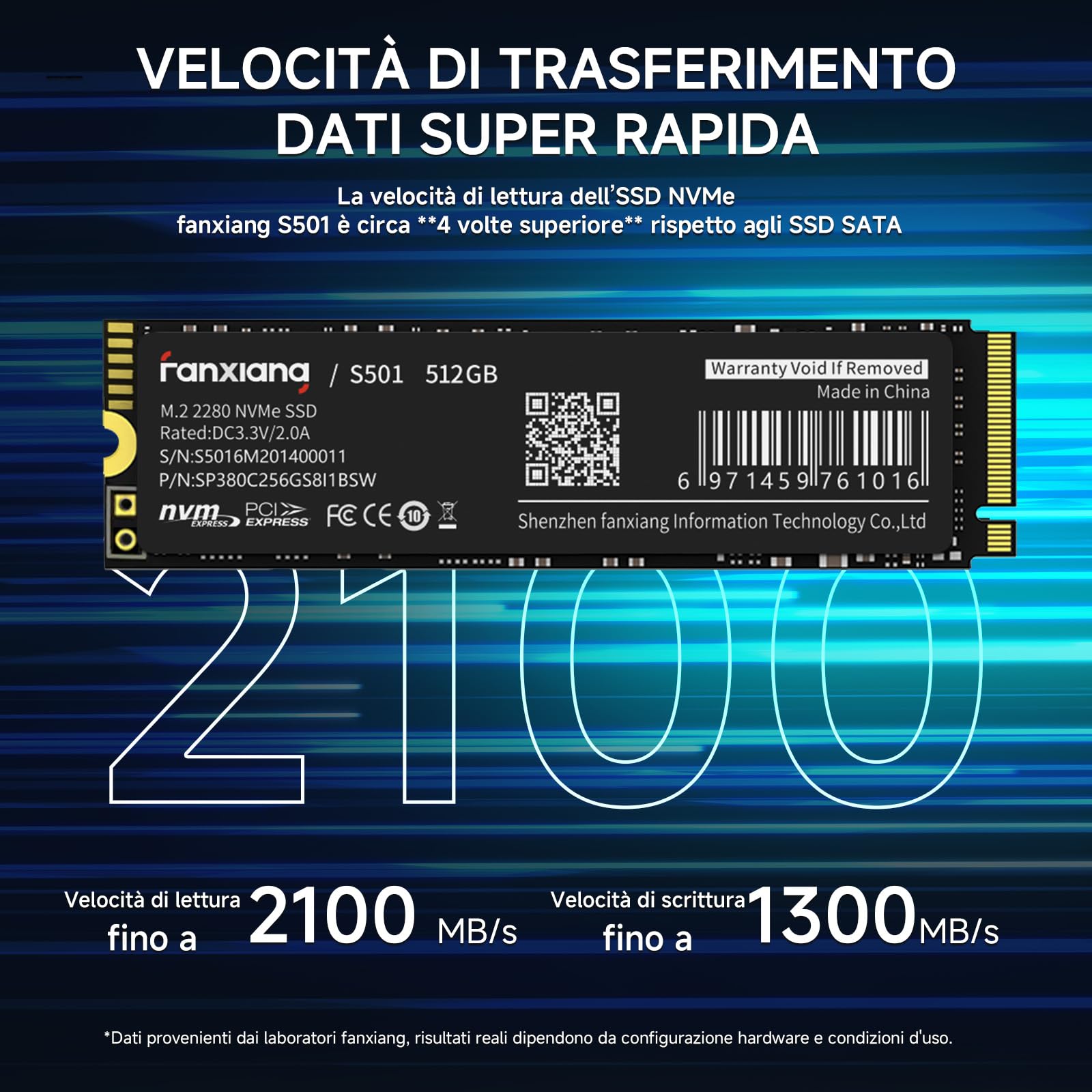 fanxiang SSD NVMe 512GB M.2 PCIe Gen3x4 2280 SSD Interno 512GB, Fino a 2100MB/s in Lettura, 1300MB/s in Scrittura, Compatibile con Laptops, PC, Computer Desktop(S501)