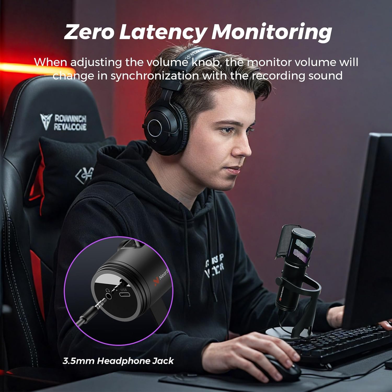 NearStream USB Gaming Microphone for PC with Noise Canceling/RGB Light/Quick Mute/Gain/Headphones Jack/Pop Filter, Desktop Condenser Microphone for Stream/Record/Podcast/PS5/PS4/Twitch/YouTube (AM35U)