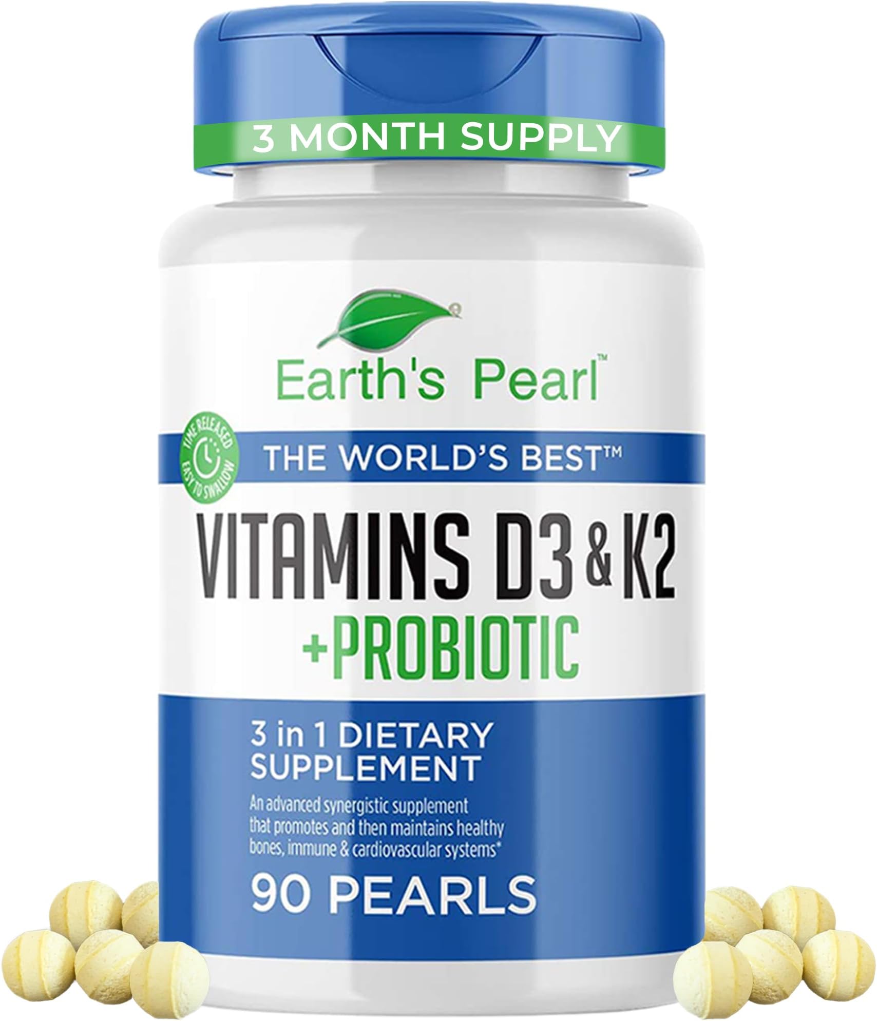 Earth's Pearl Vitamin D3 K2 5000 IU - 3-in-1 K2 D3 Vitamin Supplement with Probiotics for Women & Men, 3-Month Supply, Gut Health Supplements for Women & Men (90 CT)