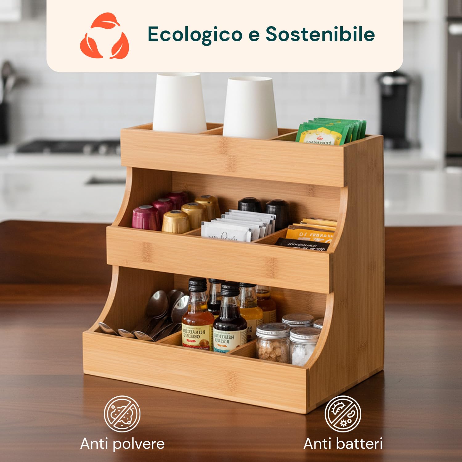 Avilia Organizer in Bambù con 9 Scomparti – Porta Capsule Caffè e Portacialde, Alzatina Cucina Salvaspazio per Bustine Tè, Tisane e Zucchero – Contenitore Multiuso per Cucina, Ufficio e Bagno
