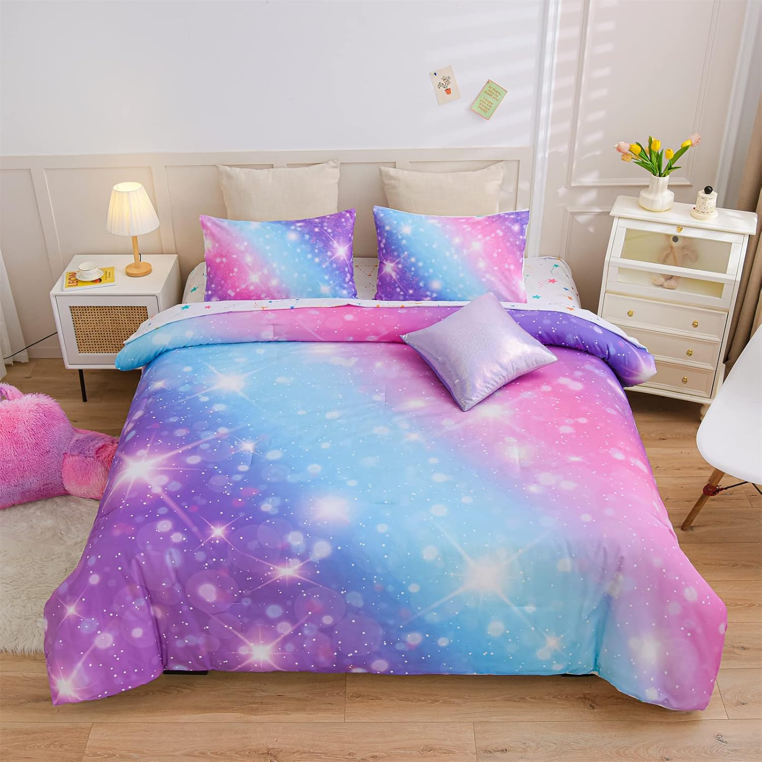A Nice Night 6Pcs Gradient Glitter Bedding Set for Girls Twin Size, Colorful Rainbow Galaxy Comforter Set, Ultra Soft Bedding Sets, Purple