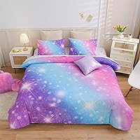 Vista 12 de A Nice Night Juego de ropa de cama de 6 piezas con purpurina degradada para niñas, juego de edredón colorido de galaxia arco iris, juegos de ropa