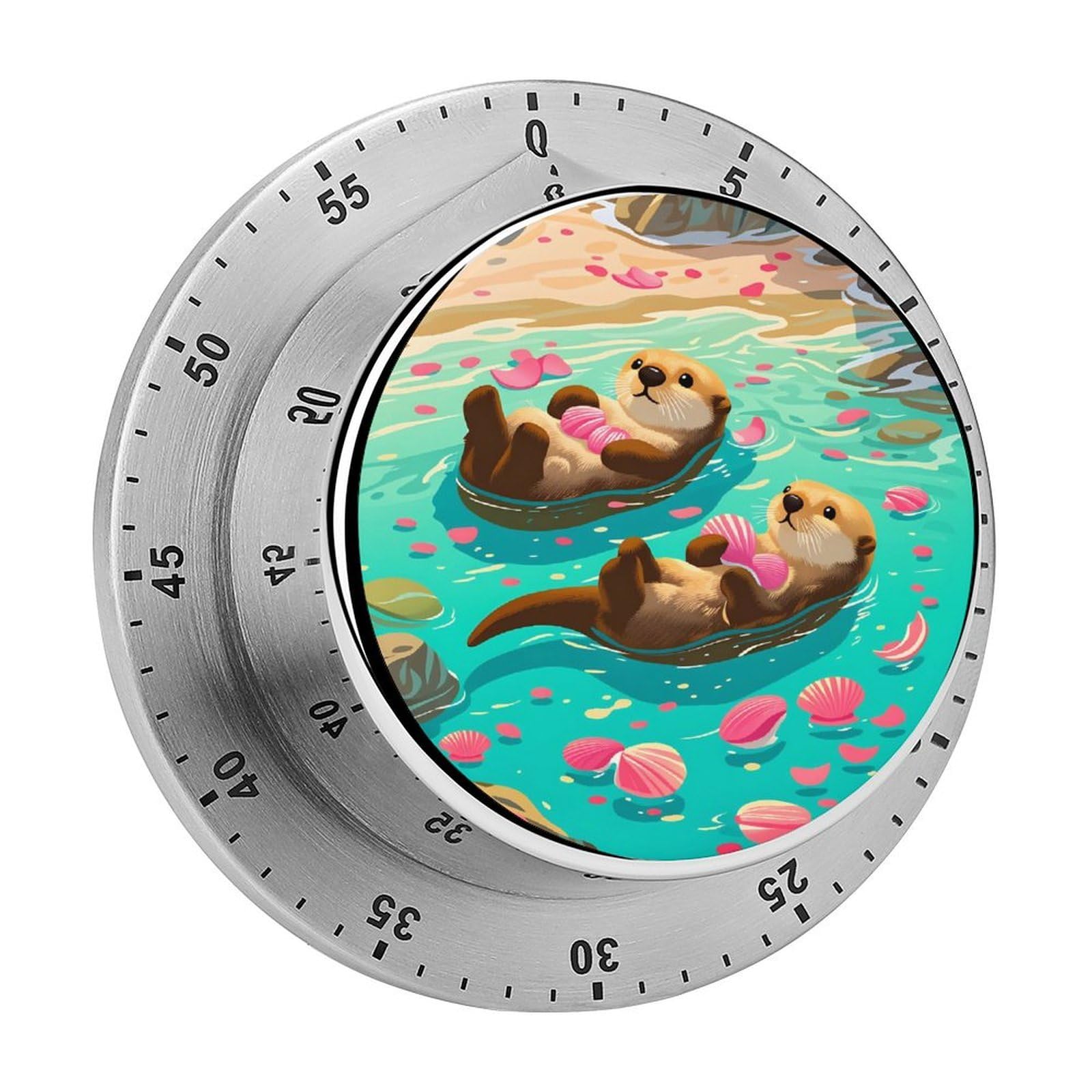 Cute Otters Floating with Shells 60 Minute Wind Up Timer,Visual Mechanical Magnetic Timer with Loud Alarm for Kitchen