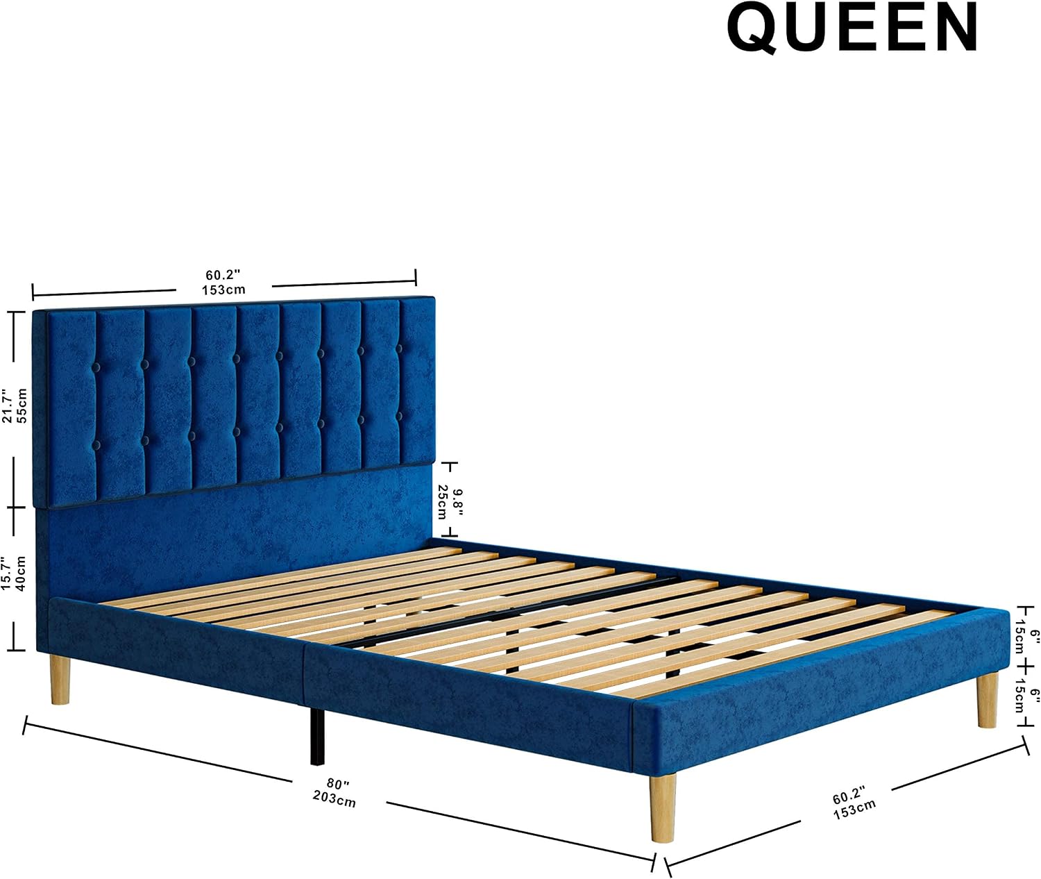 LIKIMIO Queen Bed Frame with Headboard, Velvet Upholstered Platform Beds with Strong Wooden Slats/Mattress Foundation/Easy Assembly, Royal Blue