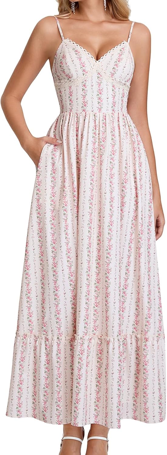 GLNEGE Women's Floral Wedding Guest Long Dress Summer Flowy Tea Party Dresses Spaghetti Straps Lace V Neck Sundress