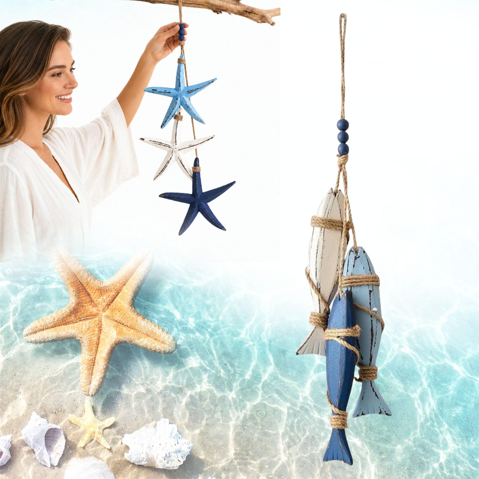 Lighted Coastal Wooden Starfish & Fish Hanging Decor (A)