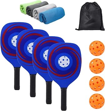 Pickleball Paddle Set of 4, Wooden Towels, 4 Balls, and Storage Bag