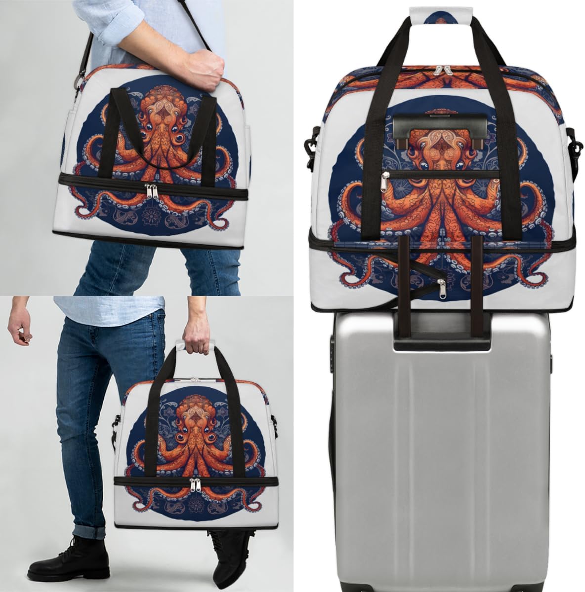 QsirBC Octopuses Funny Design Gym Bag for Women Duffle Tote with Shoes Compartment Men Weekender Duffel for Dance Travel Sports Swimming Overnight
