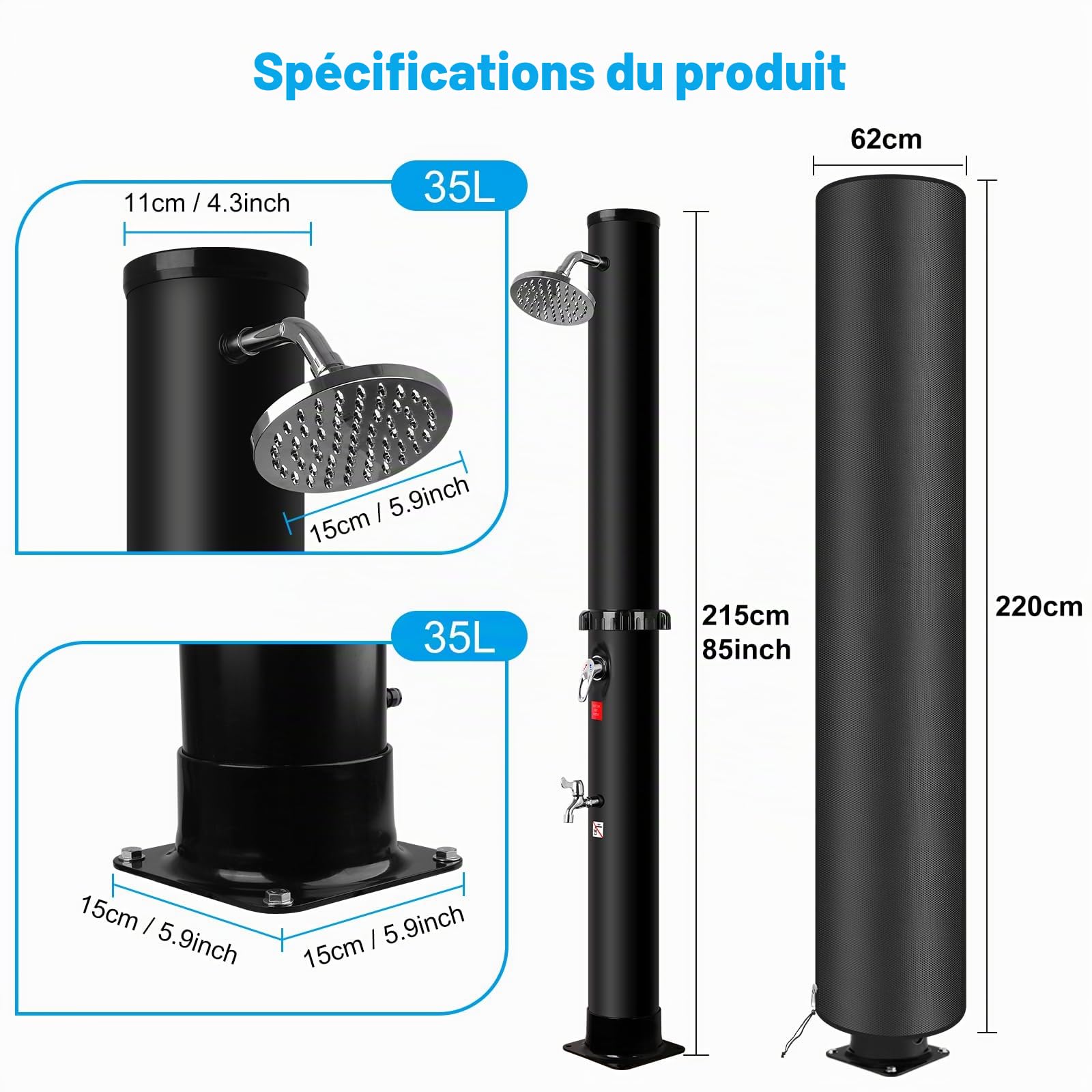 35 litres Douche Solaire Extérieure pour Jardin et Piscine avec Oxford Housse de Protection - Douches de Jardin Réglable avec Robinet, Température Maximale de 60°C