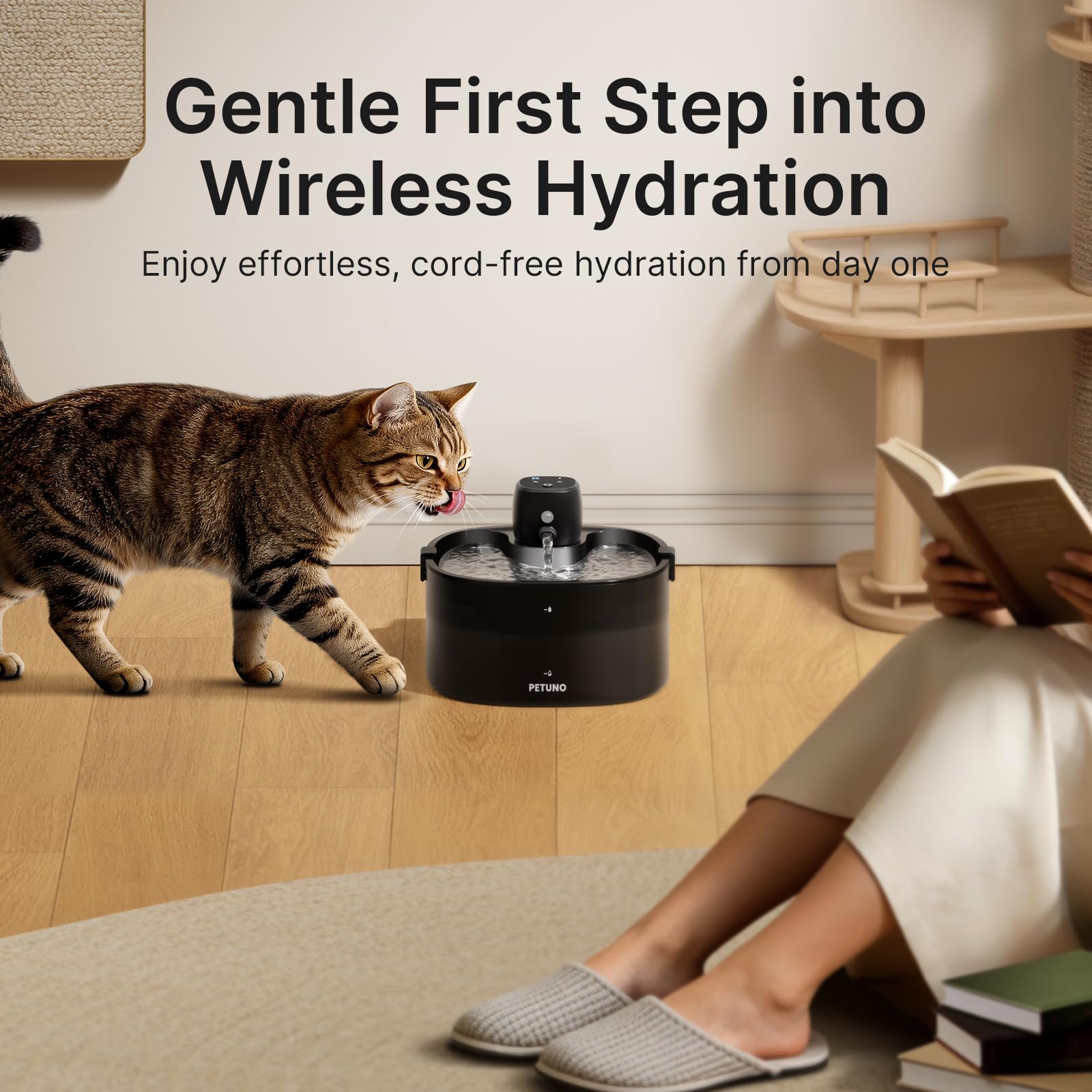 Fontaine à eau sans fil pour chat de 2,3 l avec batterie de 4000 mAh, avec détecteur de mouvement, pompe ultra silencieuse et couvercle verrouillable avec 6 filtres, noir