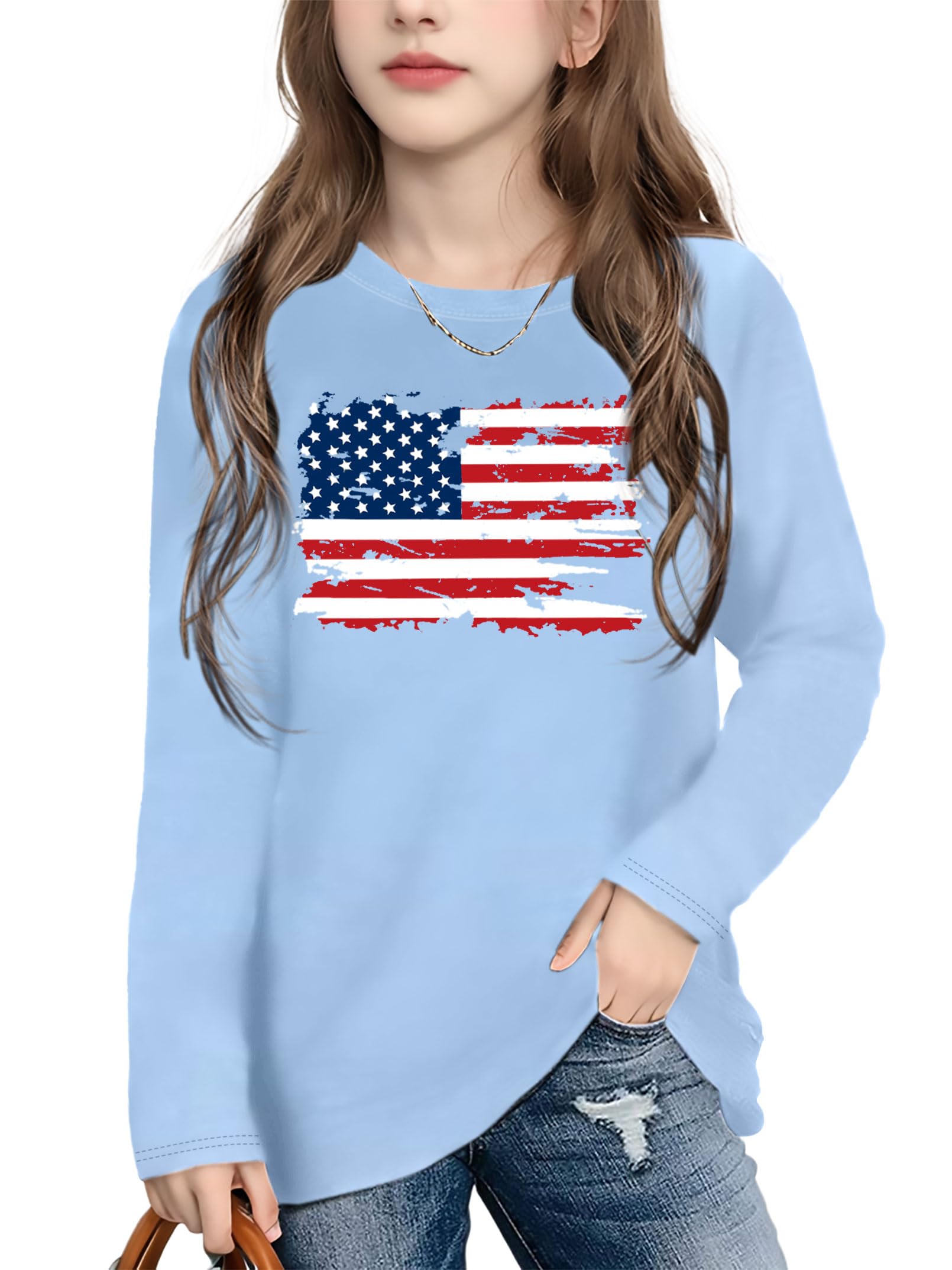 Ithalt 4th of July Outfit Kids Girls American T Shirt USA T-Shirt Fourth of July Tops Patriotic Long Sleeve Tops