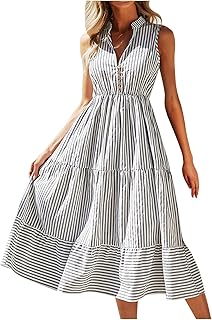 Women's Modern Dress Collar Womens V Midi Casual Dress Flowy Neck Summer Striped Sleeveless Womens Dress