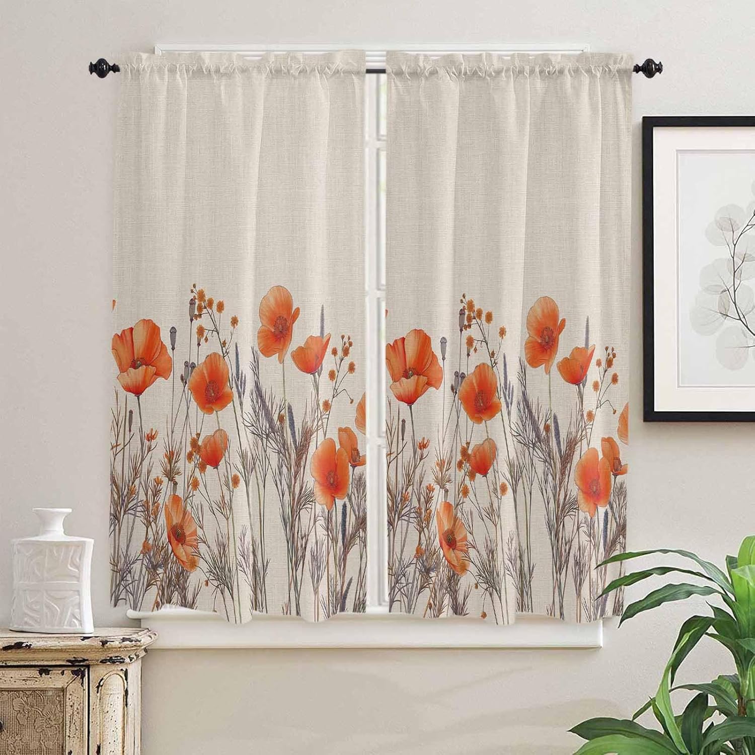 Red Poppy Rustic Window Curtains 63 Inch Length, Abstract Botanical Floral Rod Pocket Kitchen Window Treatments Drapes for Bedroom, Cafe, Living Room, 2 Panels, 42 W x 63 L