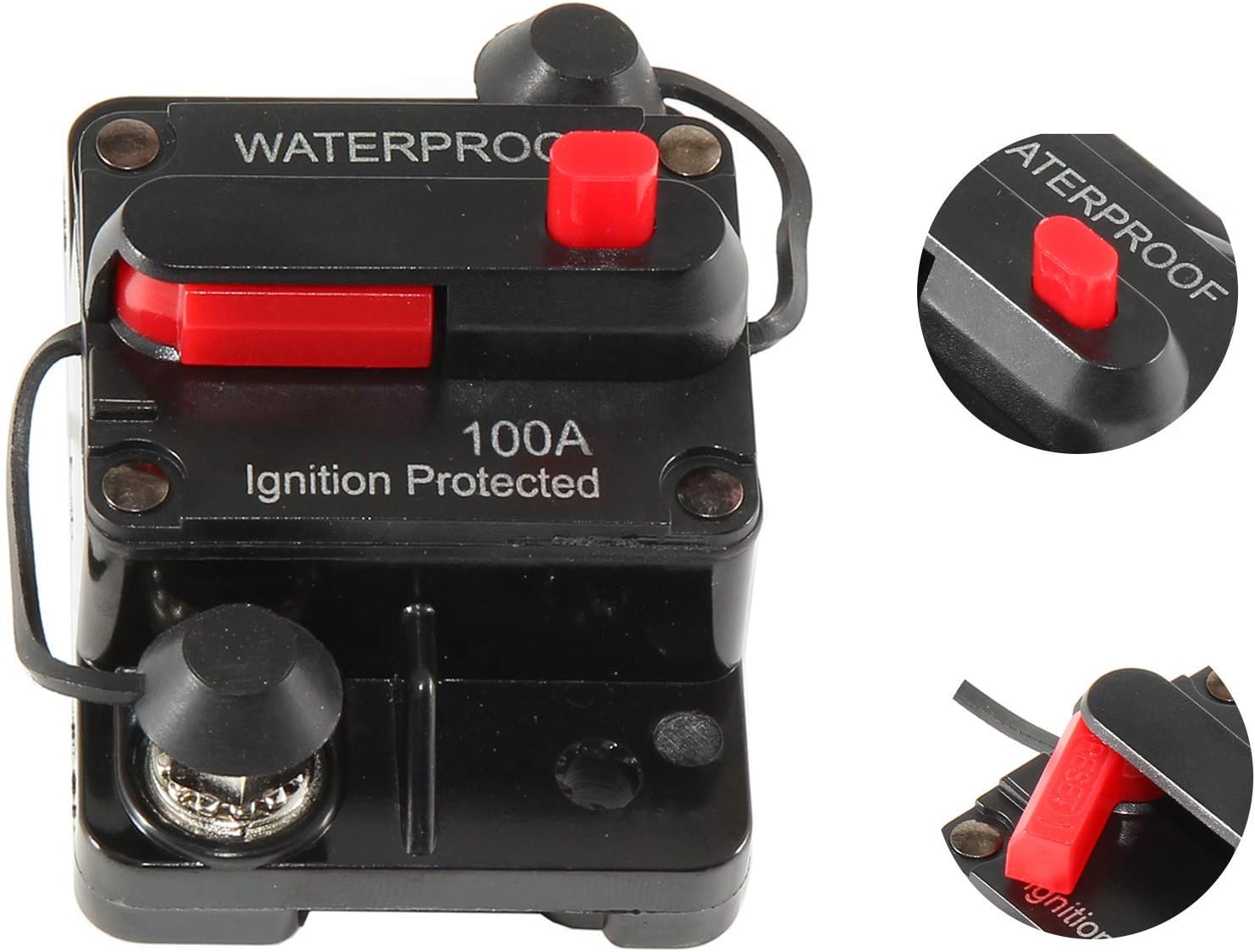 RED WOLF Waterproof 100Amp Circuit Breaker w/Manual Reset Switch with 4 AWG 3/8"(M10) 20 PCS Wire Lugs Ring Terminal Connectors Ends Heat Shrink Tubing 3:1 Black Red for Automotive Electrical