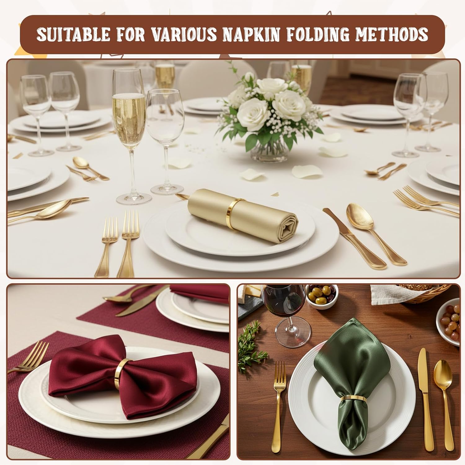 100 PCS Gold Napkin Rings Metal Napkin Ring Napkins Holders Buckles Fall Thanksgiving Christmas Napkin-Rings Table Napkins Ring for Family Dinner, Wedding, Party,Table Decorations