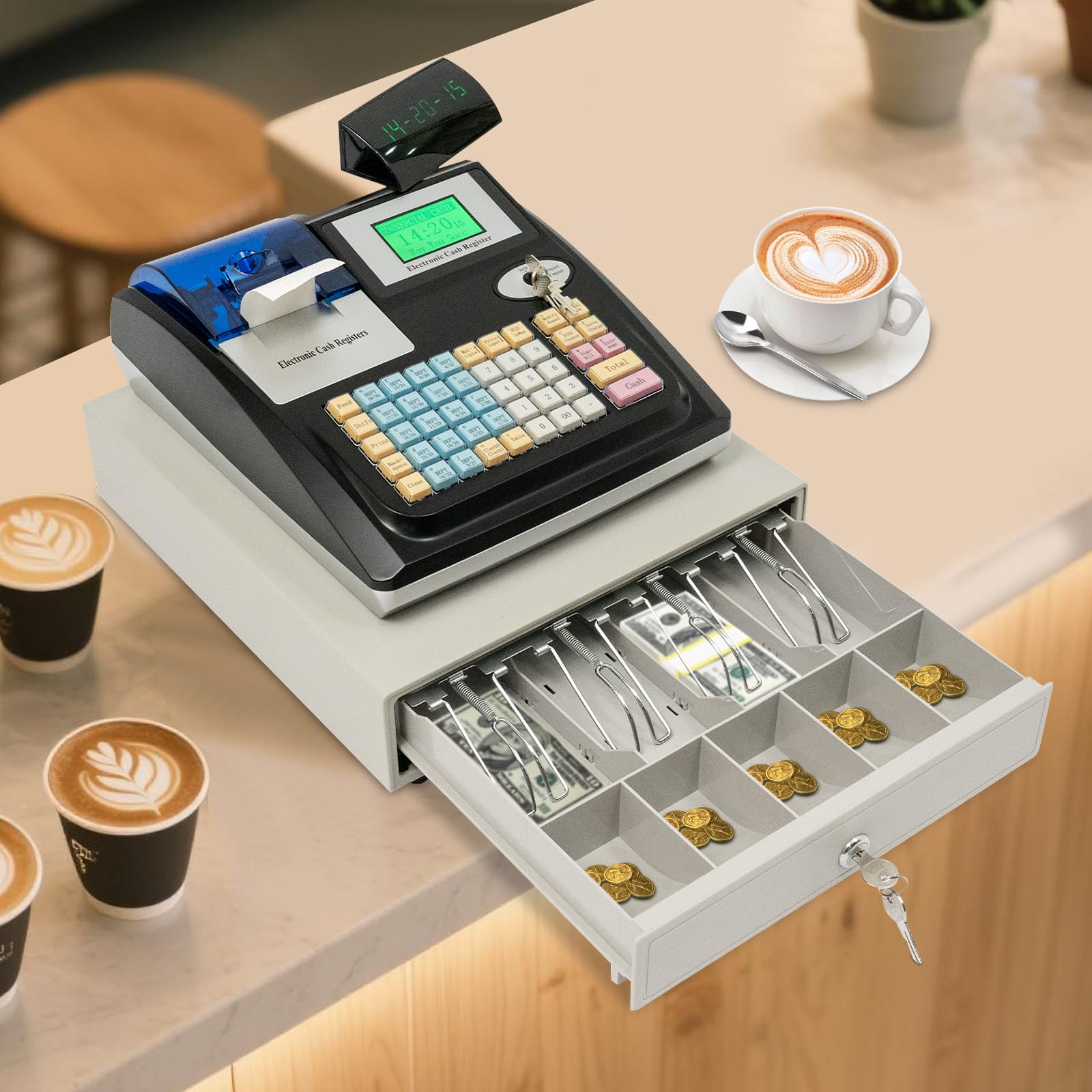 Caja registradora electrónica de 48 teclas de supermercado, quiosco POS con 1 papel de caja registradora para restaurantes, supermercados