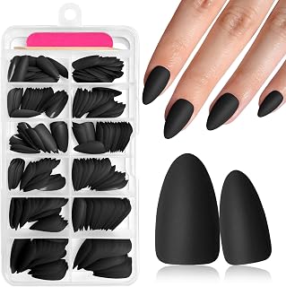 AddFavor Almond Press on Nails - 240pc Matte Black Nails Press on Nail Medium Length Stiletto False Nail Tips with Adhesive Tabs for Women