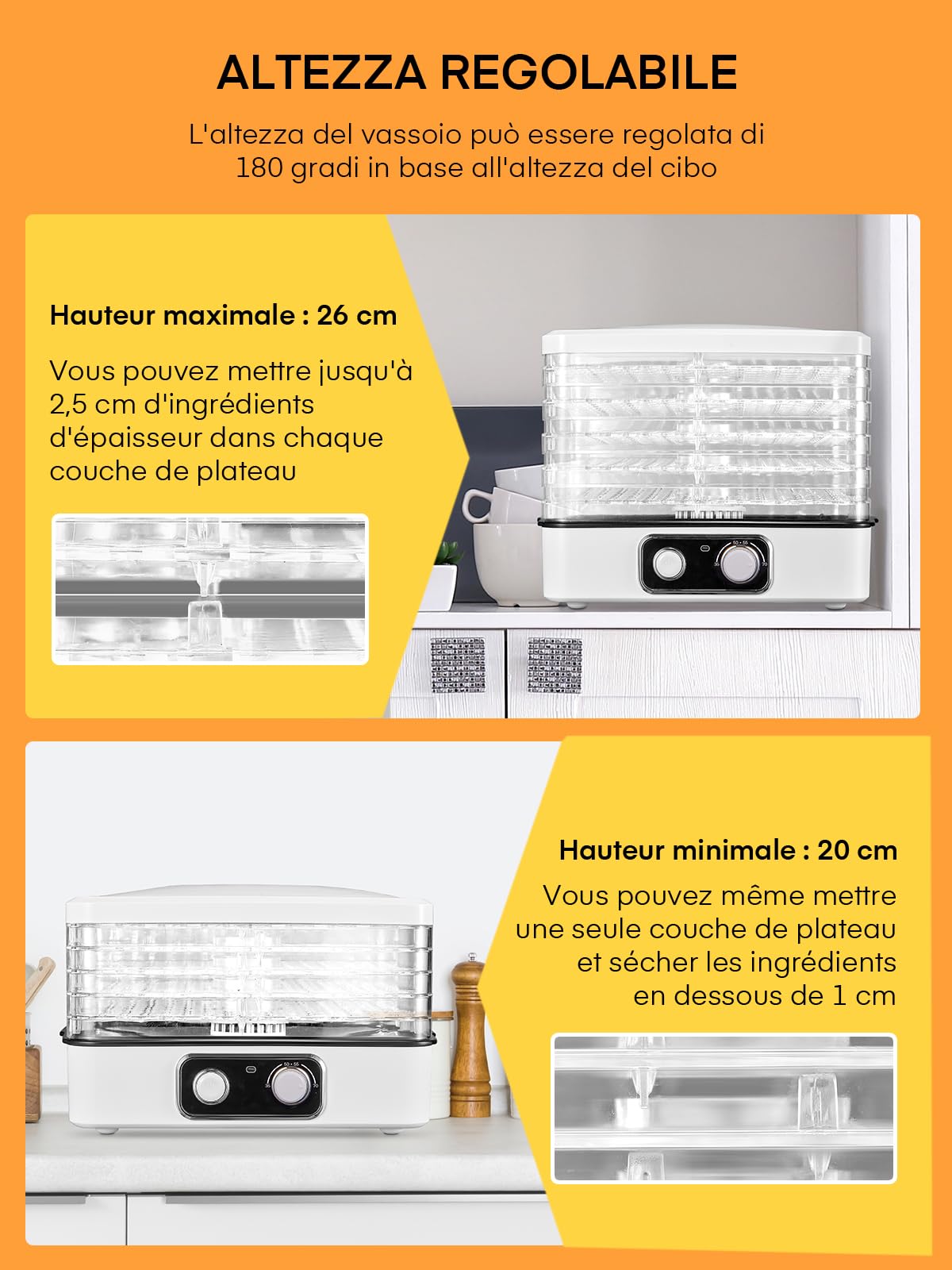 FOHERE Essiccatore Multifunzionale Per Frutta e Verdura, Disidratatore Per Alimenti Regolabile In Altezza 5 Ripiani Impilabili, Temperatura Regolabile (35°C-70°C), Adatto Per Frutta, Carne e Verdura
