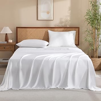 King Size Sheets Set, 100% Viscose from Bamboo Cooling Sheets, 300 Thread Count Sateen Weave, Luxury Silky Soft 16" Deep Pocket Sheets, White