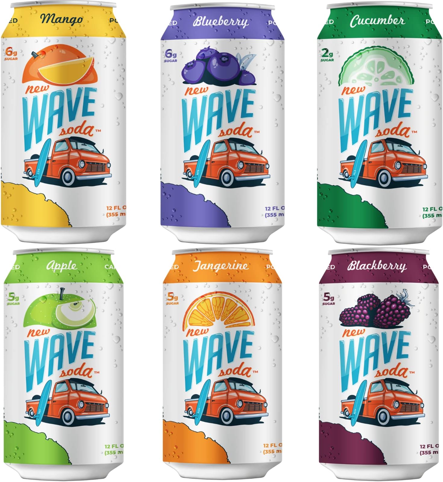 New Wave Sparkling Soda Water Made with Real Fruit Juice, Seltzer, Tonic Water, Vegan, Healthy, Caffeinated, Gluten Free, Low Calorie, No Added Sugar, 24 Pack, 12 oz Cans (6 Flavor Variety)
