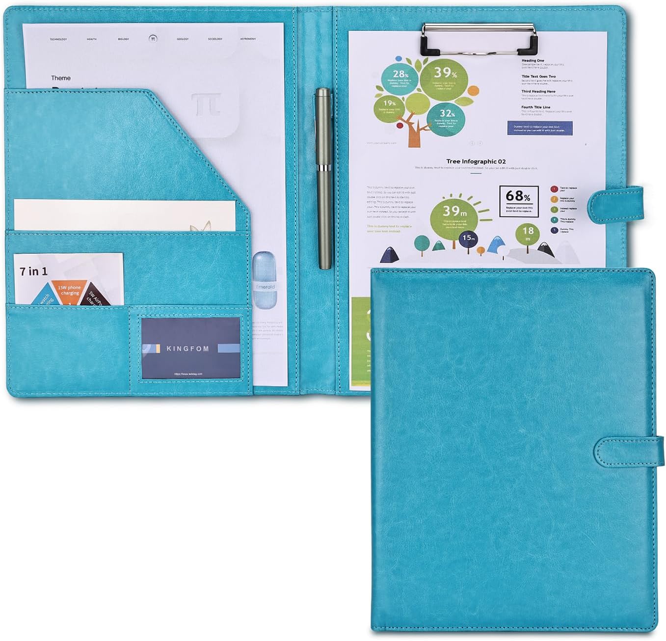 KINGFOM Professional Business Padfolio Clipboard Folder Portfolio, PU Leather Clipboard Organizer with Cover for Legal Pad Holder, Letter Size Resume/Document Portfolio Folder for Men Women Blue