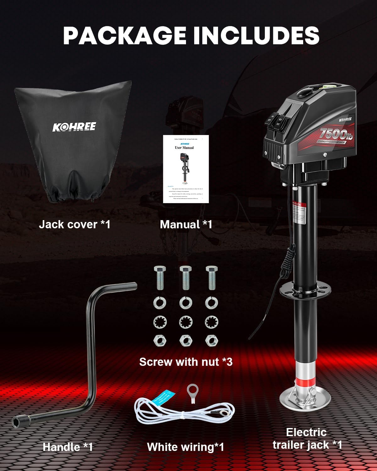 Kohree Electric Trailer Jack operating at night with its LED light illuminated, providing visibility.